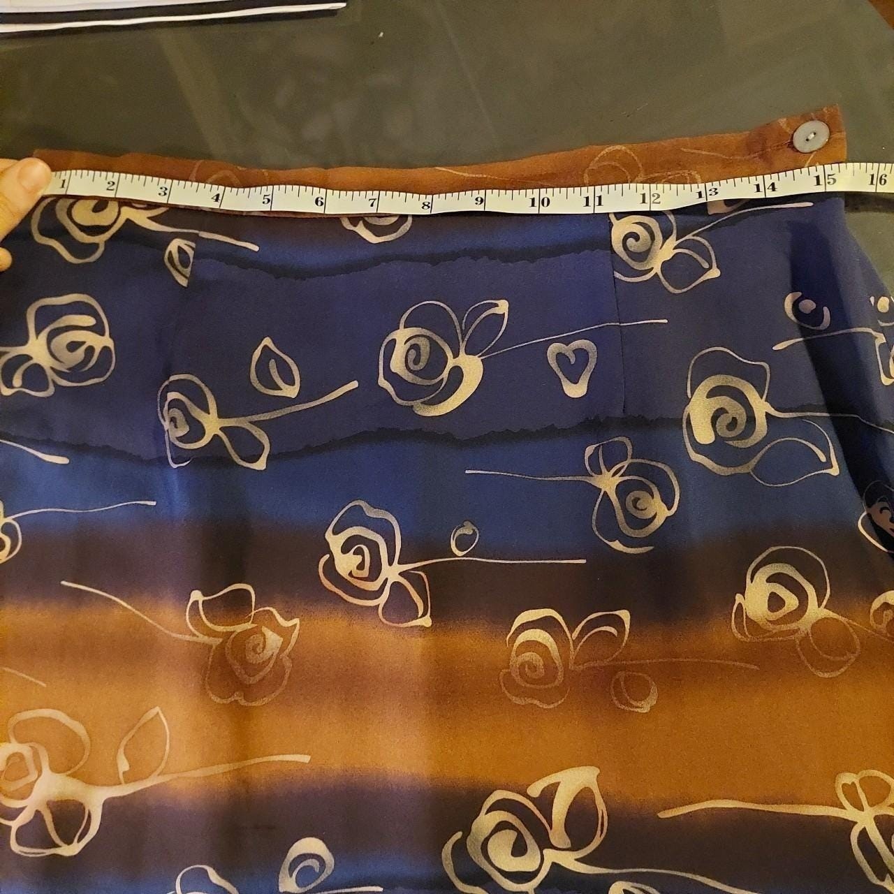 Vintage 100% silk brown and blue skirt with a rose and heart print.