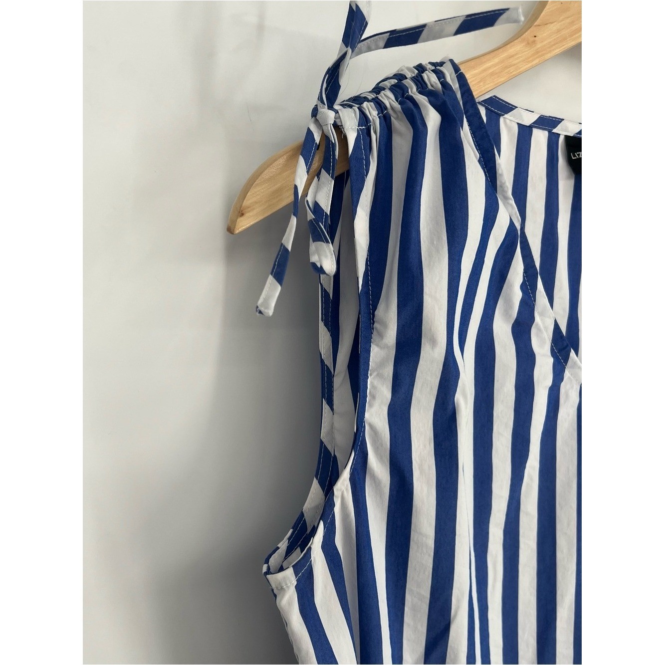 Vintage Liz Claiborne Career Blue White Striped Tie-Waist Summer Dress Tiered 4