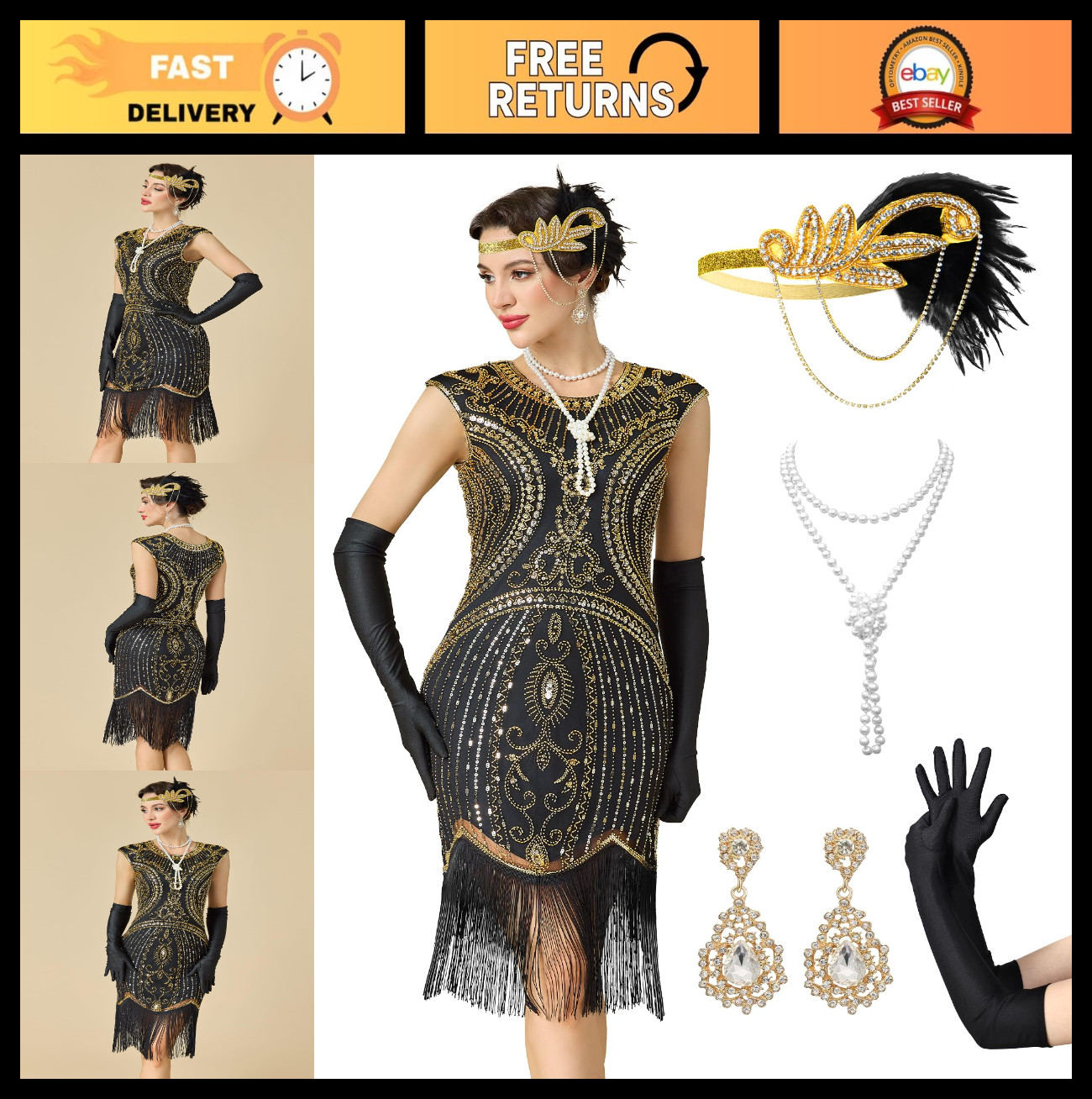 1920s Women’s Flapper Dress Great Gatsby Sequin Fringed Cocktail Outfit + Access