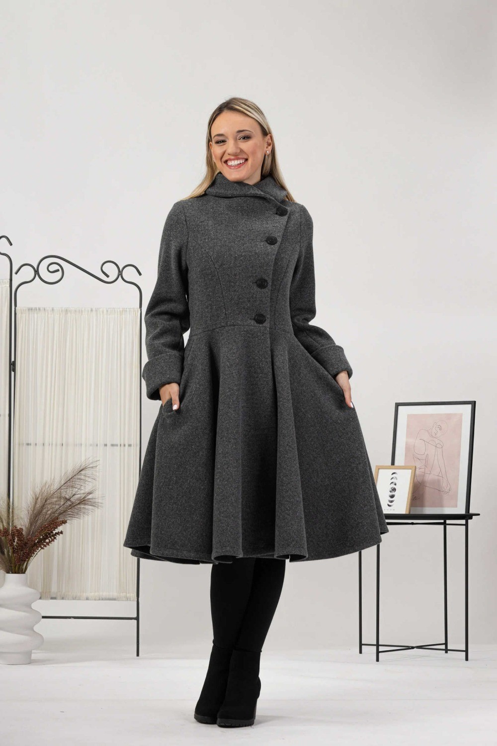 Ladies grey coat long jacket hem skirt tweed winter long business elegant