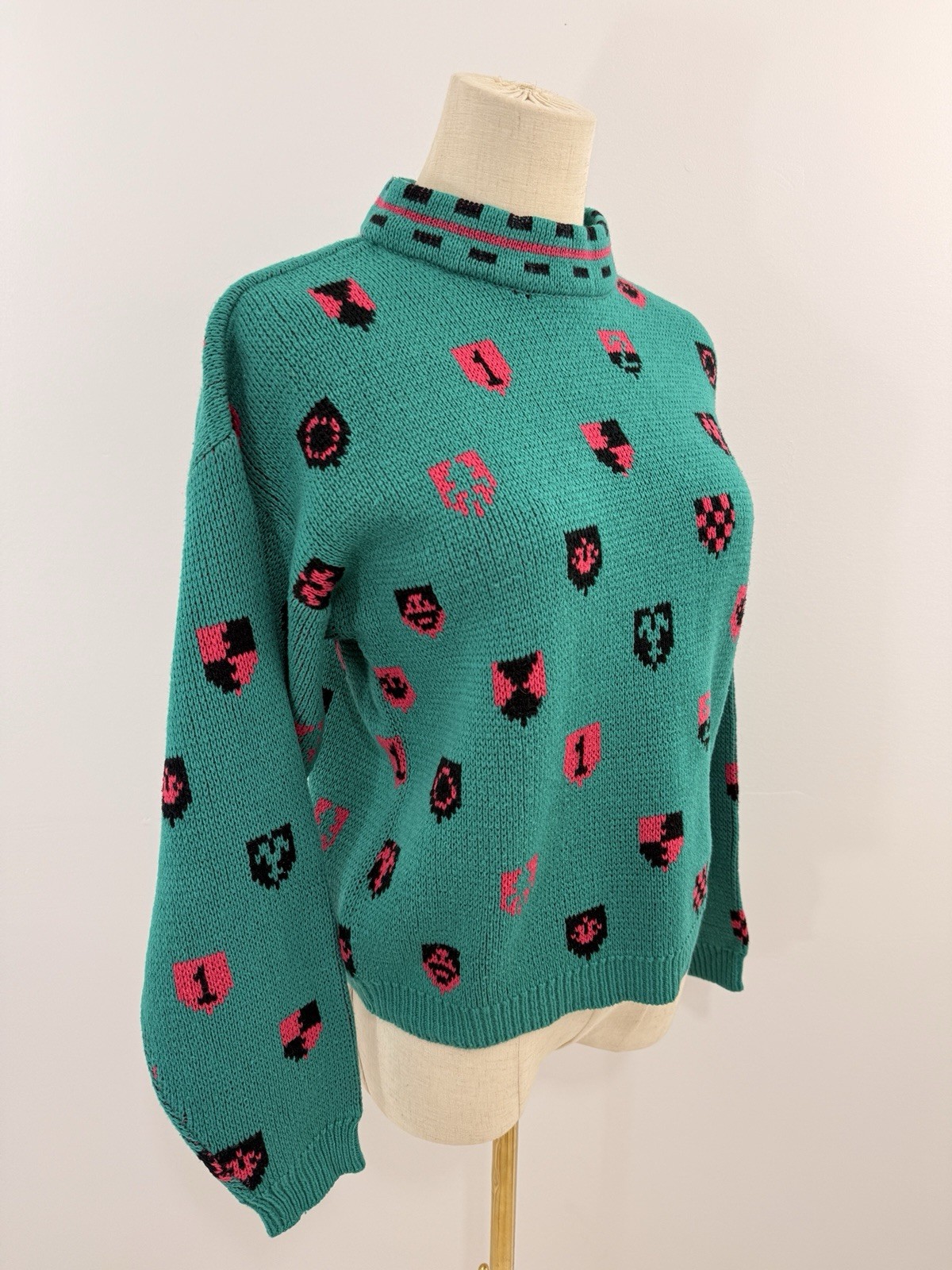 VTG Paris Sport Club Cropped Mock Neck Sweater Teal Green Crests 90s Womens S