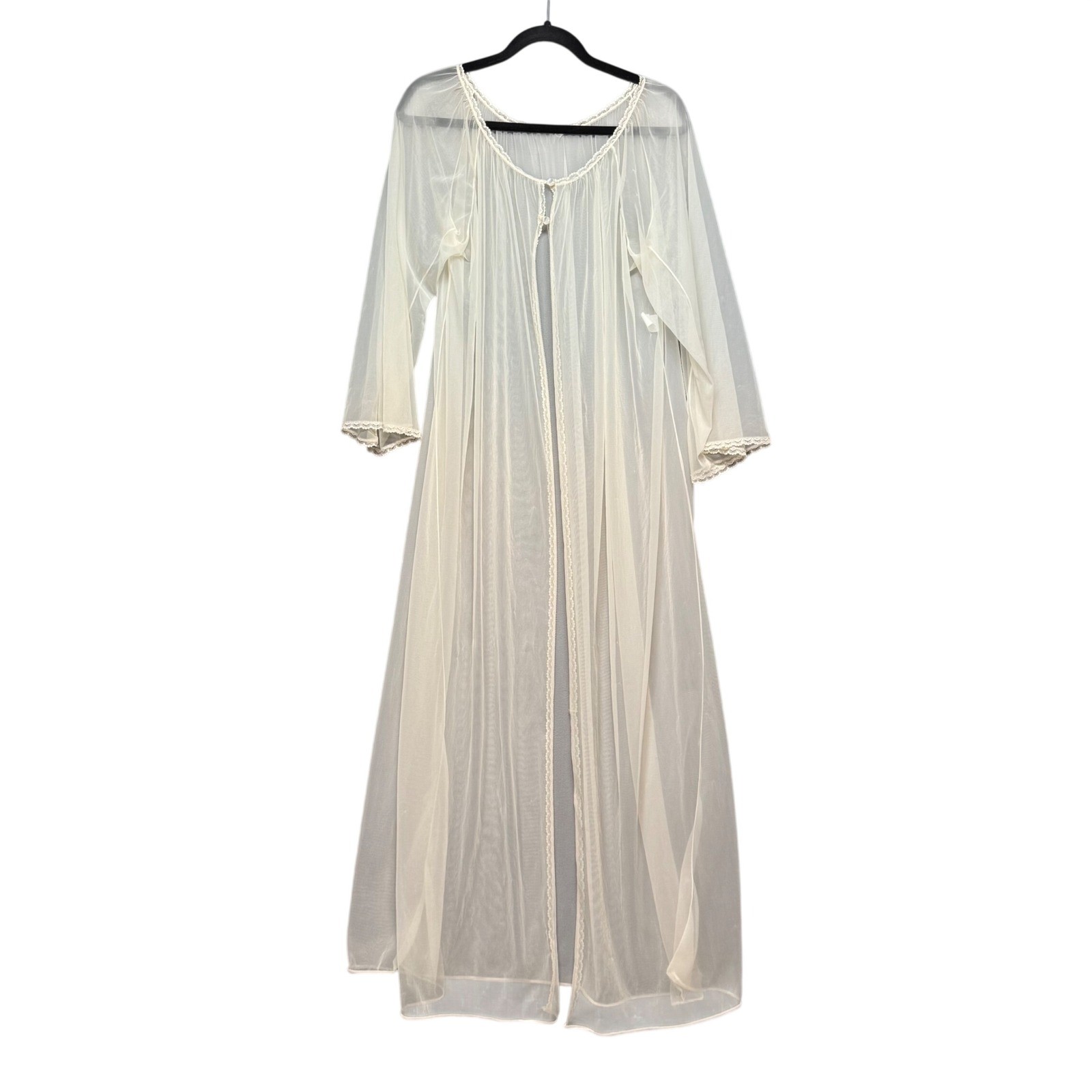 Vintage Sheer Mesh Long Robe Peignoir Lace Trim OS Nightgown Old Hollywood Glam