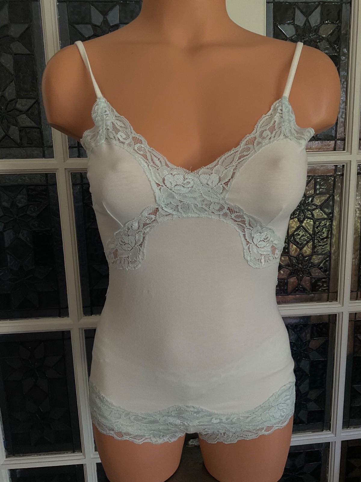 Vintage Pajama Set Cami Top / Boy Shorts Blue Lace Inserts Size Small