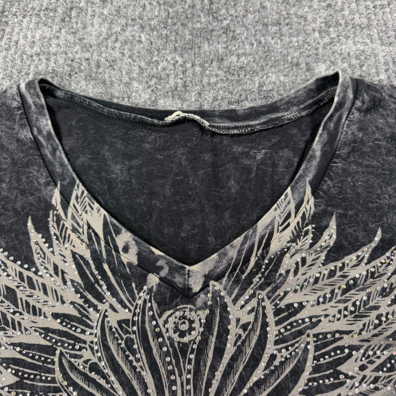 VTG Y2K Women’s Sexy Affliction Style Black Wings Cyber Goth Beaded Shirt Large