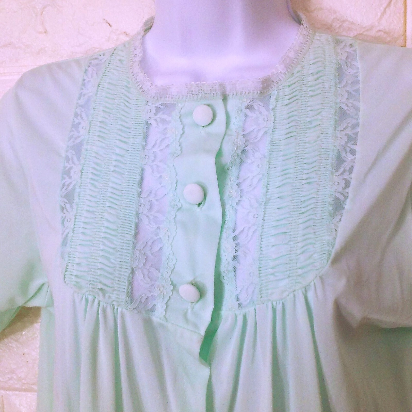 Vintage 80s Danni Dressing Gown Robe -L Pocket Ruched Lace Buttons SSL Nylon