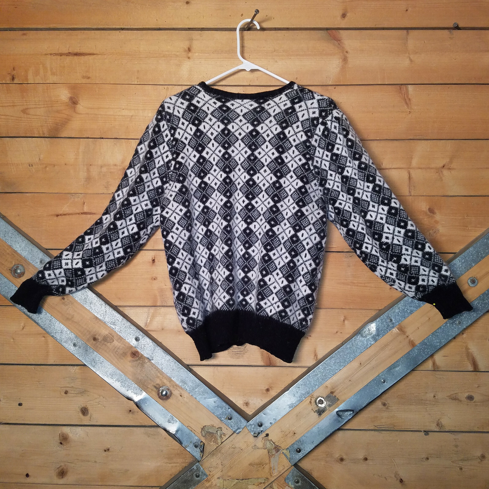 Large Black and White Sweater with Diamond Pattern by Golden Gate – Swanky Barn