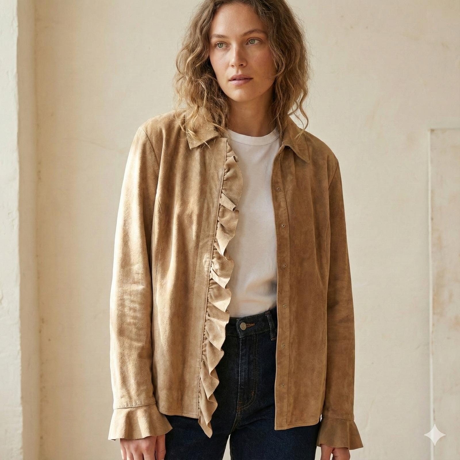 Vintage Margaret Godfrey Suede Shirt Jacket Shacket Ruffle Western Leather 14