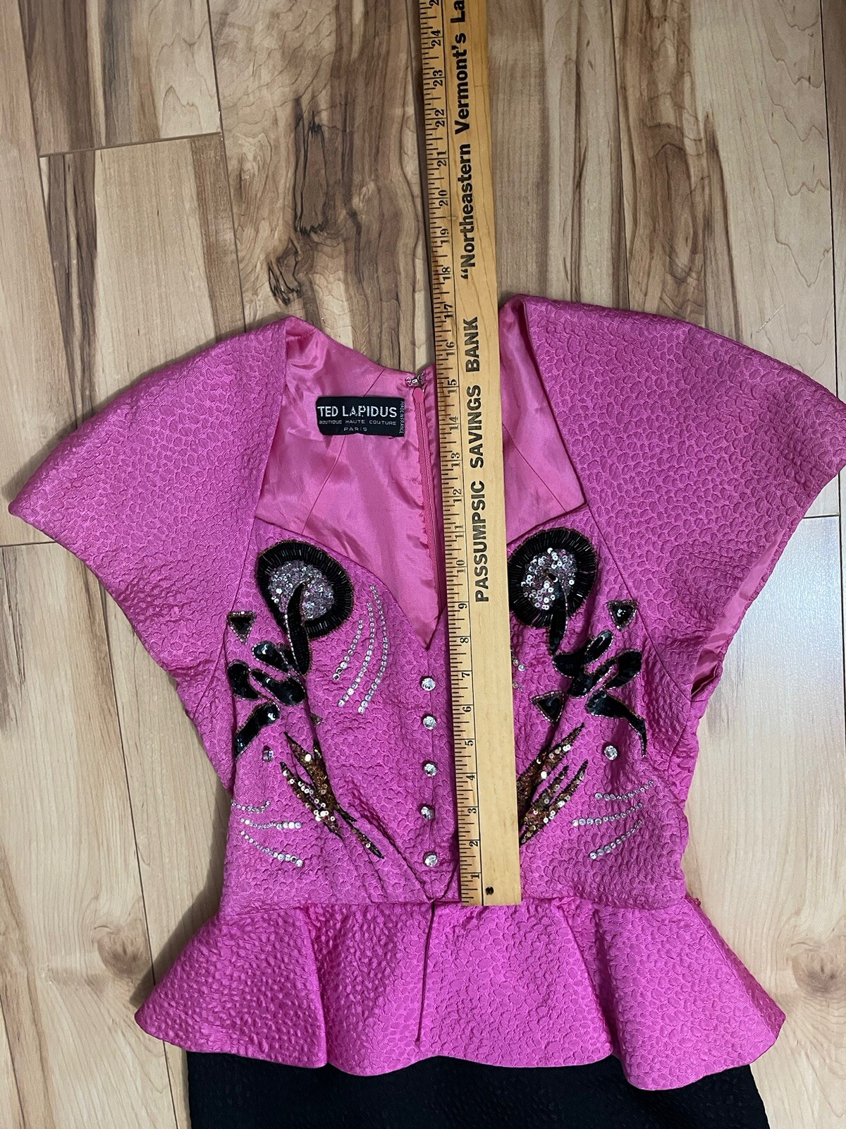 Vintage Ted Lapidus Couture Paris Hot Pink & Black Beaded Dress Peplum 4/6 Glam