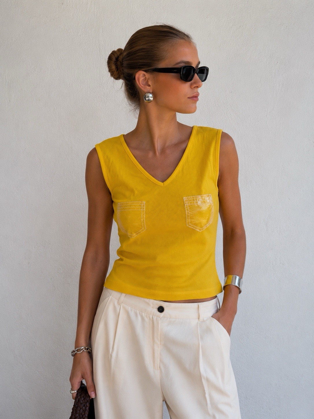 Vintage Pamela V-Neck Yellow Sleeveless Top size M