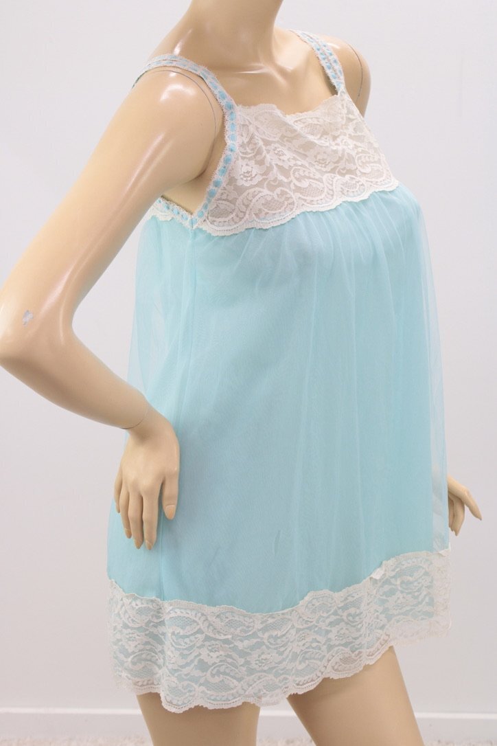 Vintage NWT Avian Nightie S Nightgown Double Nylon Blue Chiffon Lace Trim Flawed