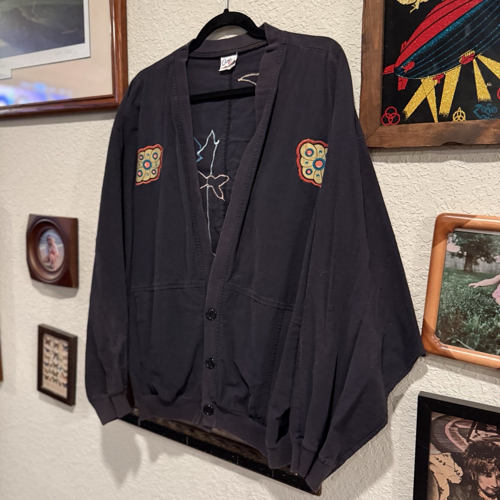 Vintage 80s Sweatshirt Cardigan Southwestern Coyote Moon Country Western Boho XL