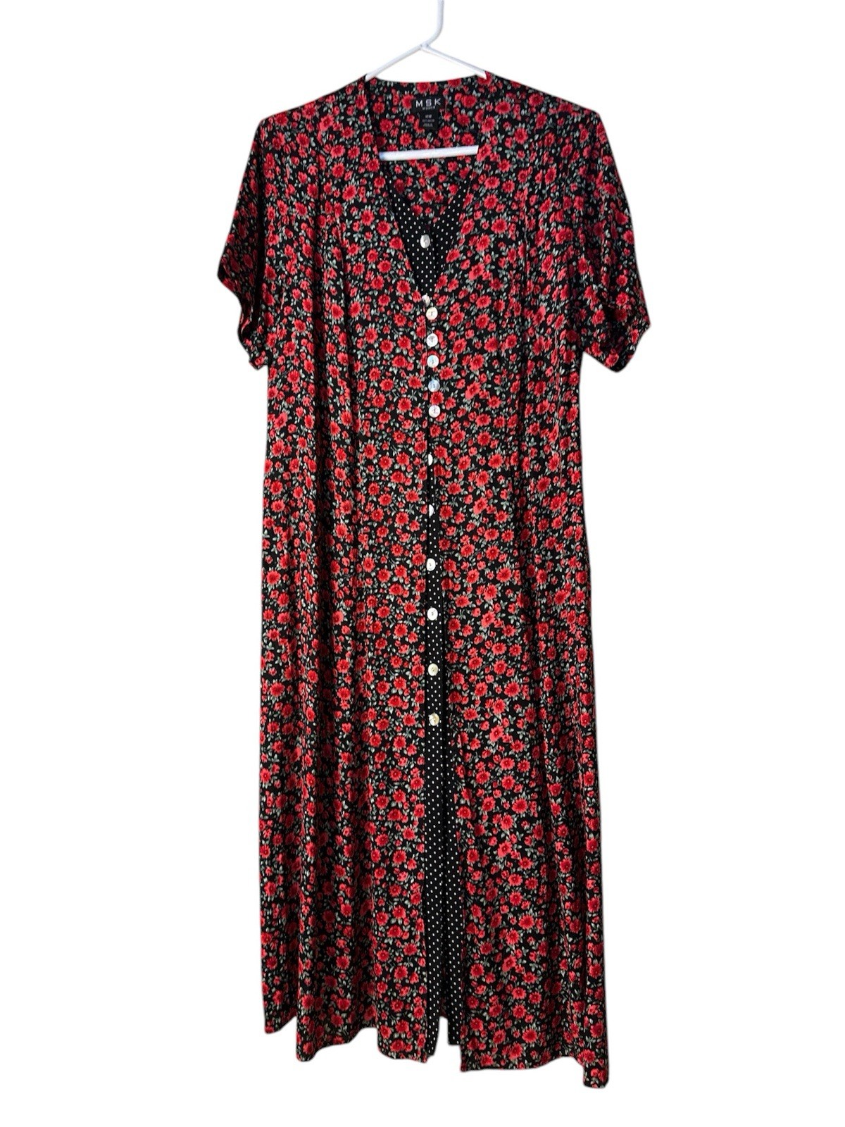 Vintage MSK Red Floral Black White Polka Dot Underlay Maxi Dress Size 16 Cottage
