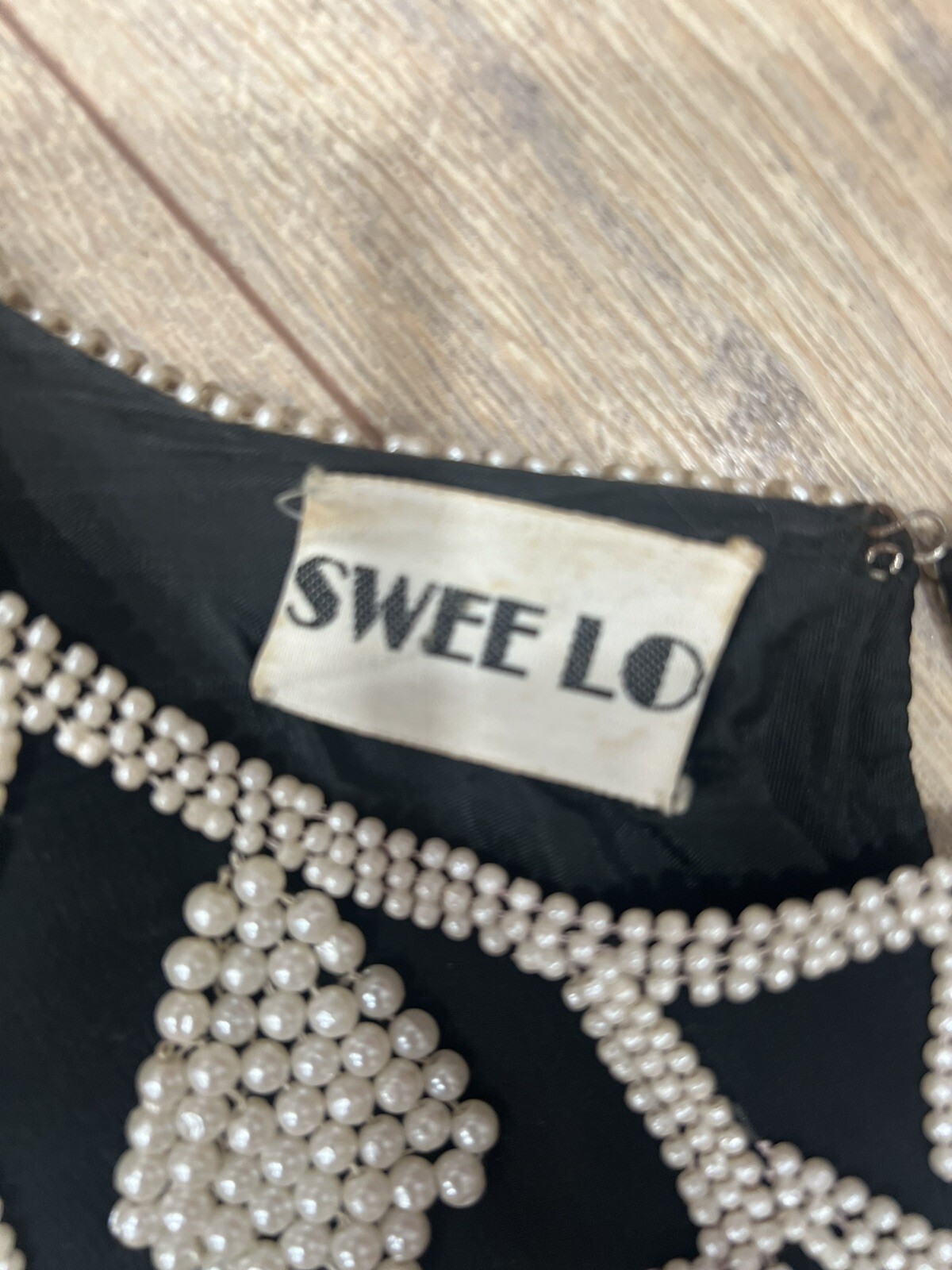 Vtg 80s SweeLo Black Silk Blouse Adorned With Pearls. Zig Zag Sleeves & HemSz. L