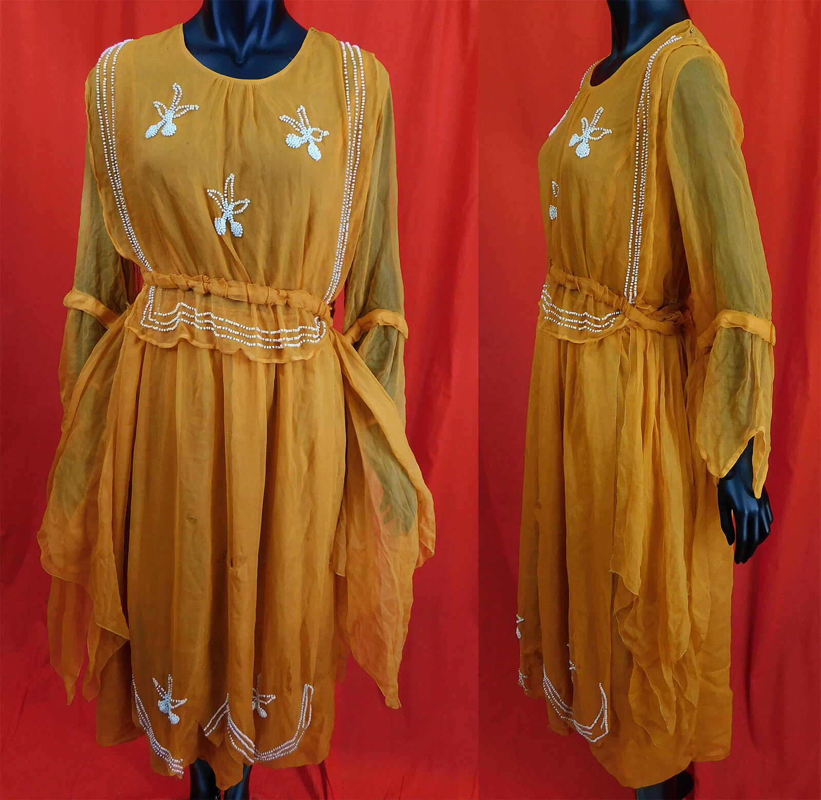 Vintage Orange Silk Chiffon White Beaded Cherries Handkerchief Hem Tabard Dress