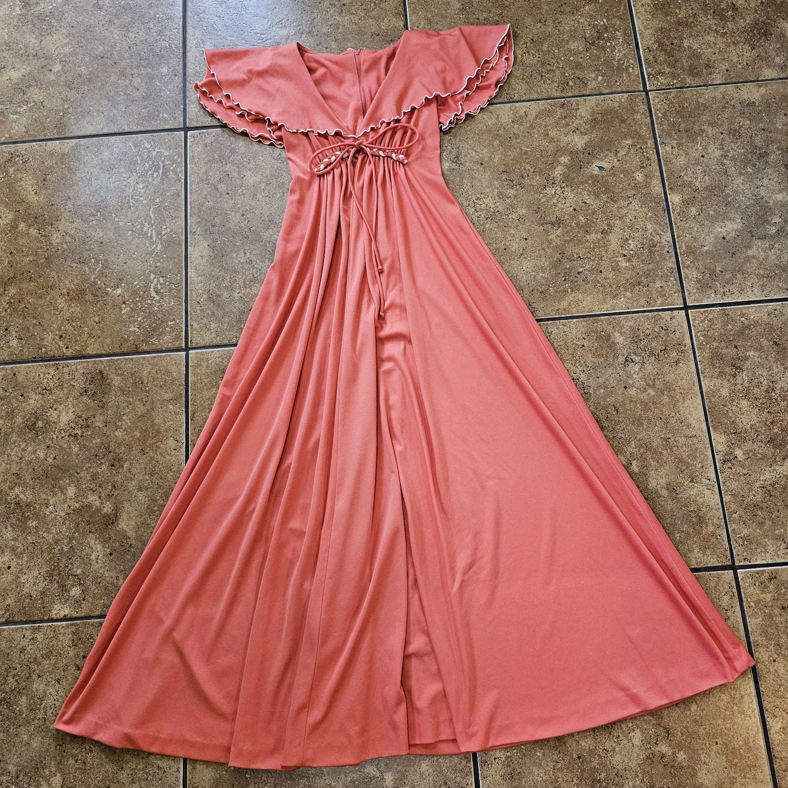 Vintage 70s Maxi Dress Boho Flowy Peach Ruffles Union Made Romantic Coquette