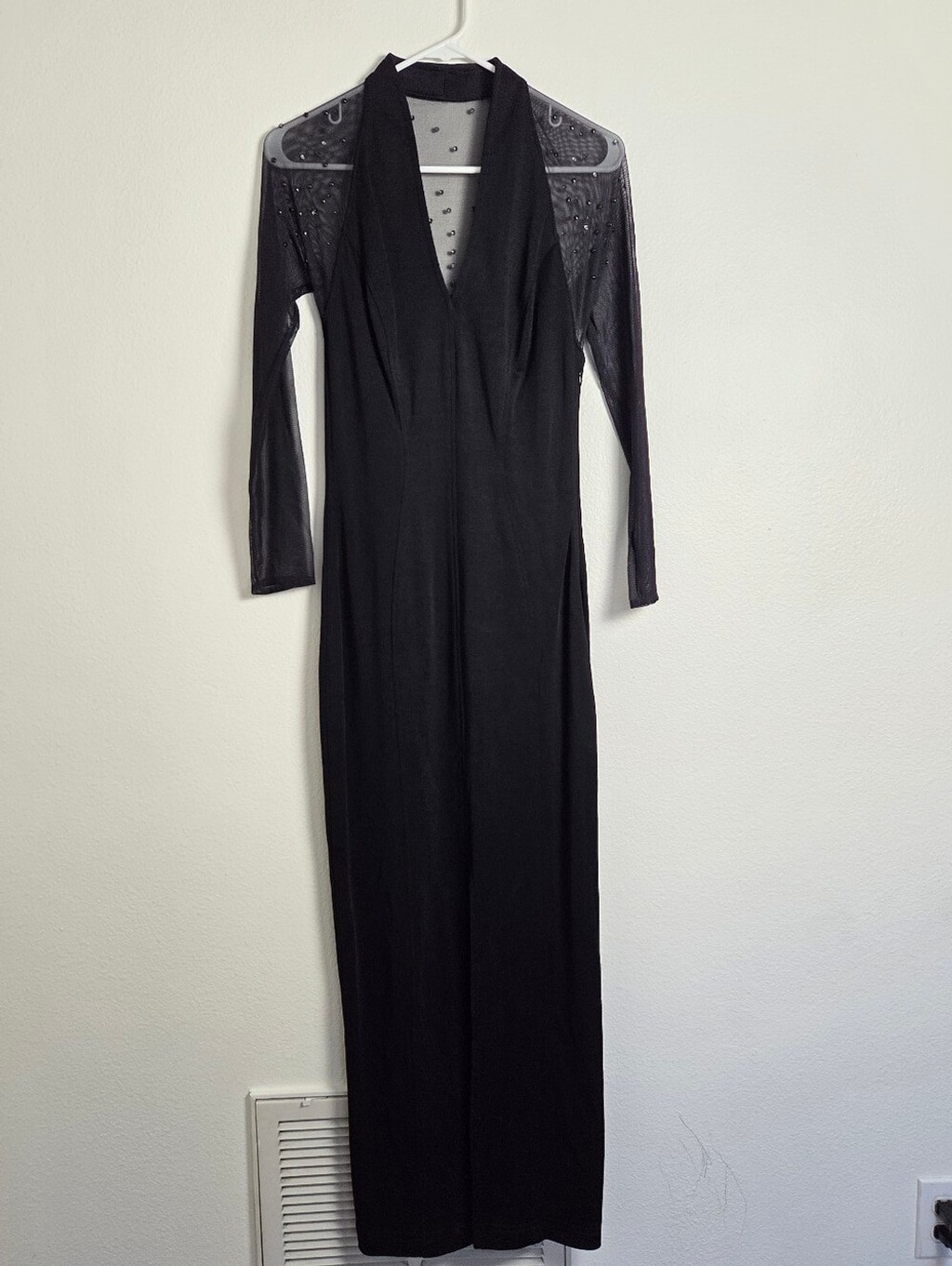 Vintage Tadashi Shoji Black Long Sleeve Mesh Gown with Crystal Accents Small