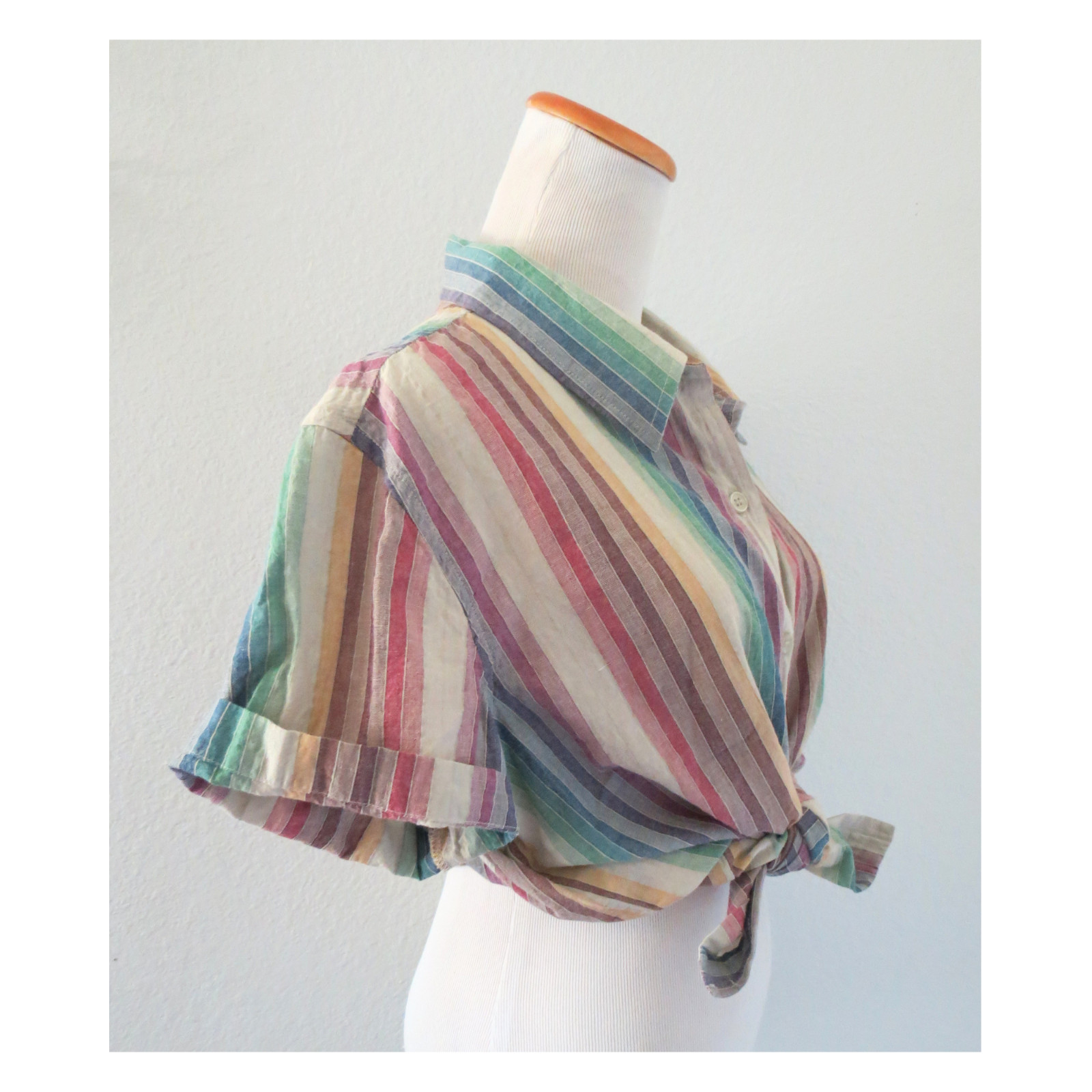 Vintage Rainbow Striped Blouse – Cotton Short Sleeve 90s Y2K Top – Large