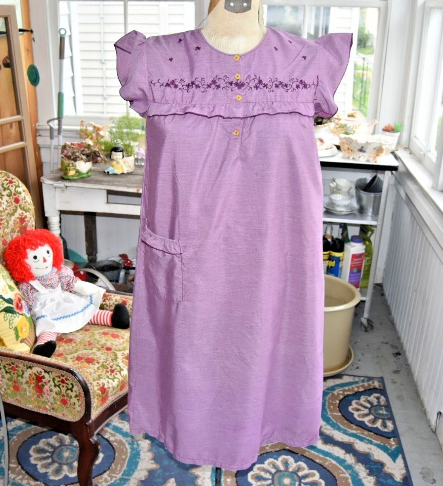 60s 'Gragero’ Cotton Nightie Embroidered Hand Dyed Ruffles-Pocket Purple-Medium