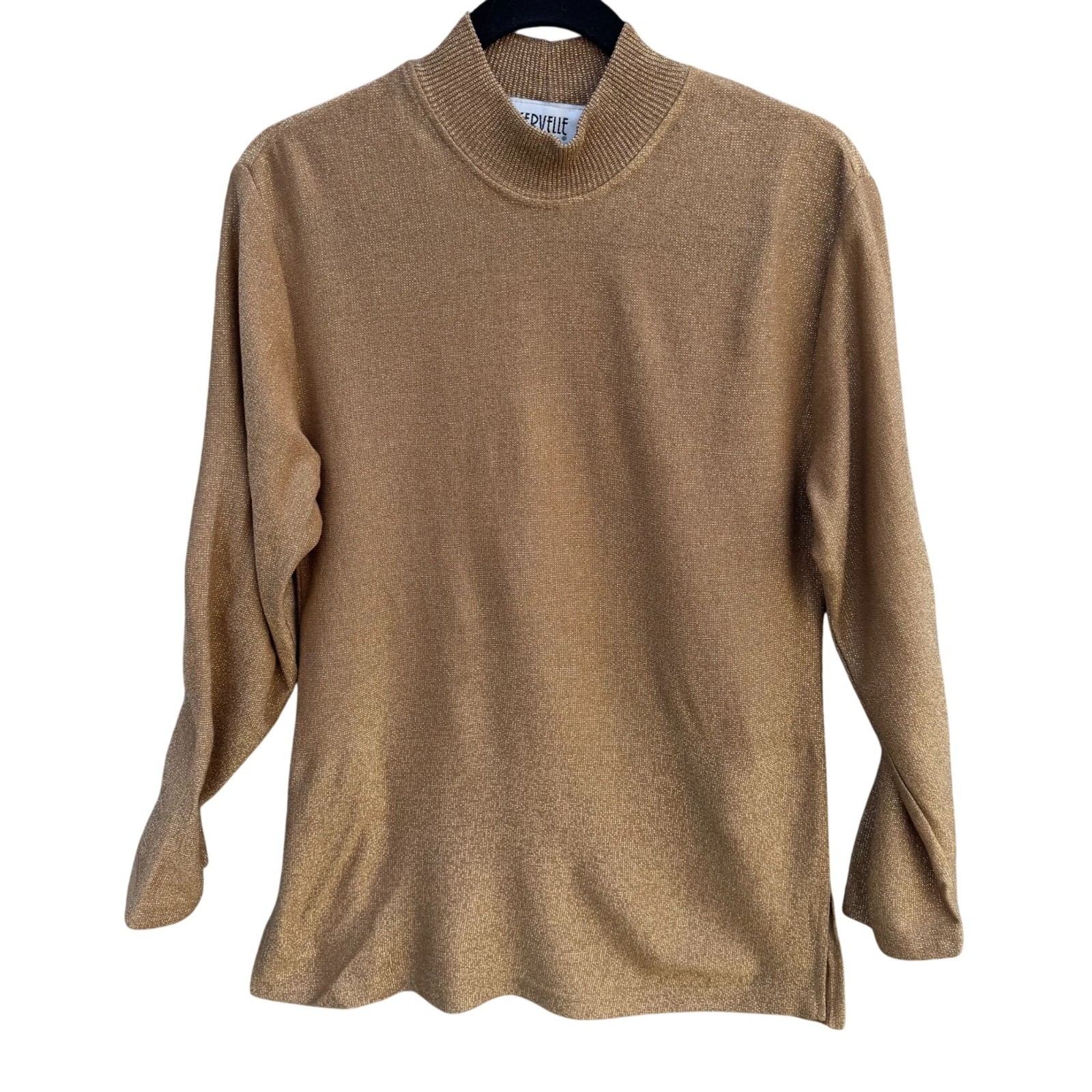 Cervelle Vintage Metallic Gold Mock Neck Shimmer Disco Knit Top S Holiday Glam
