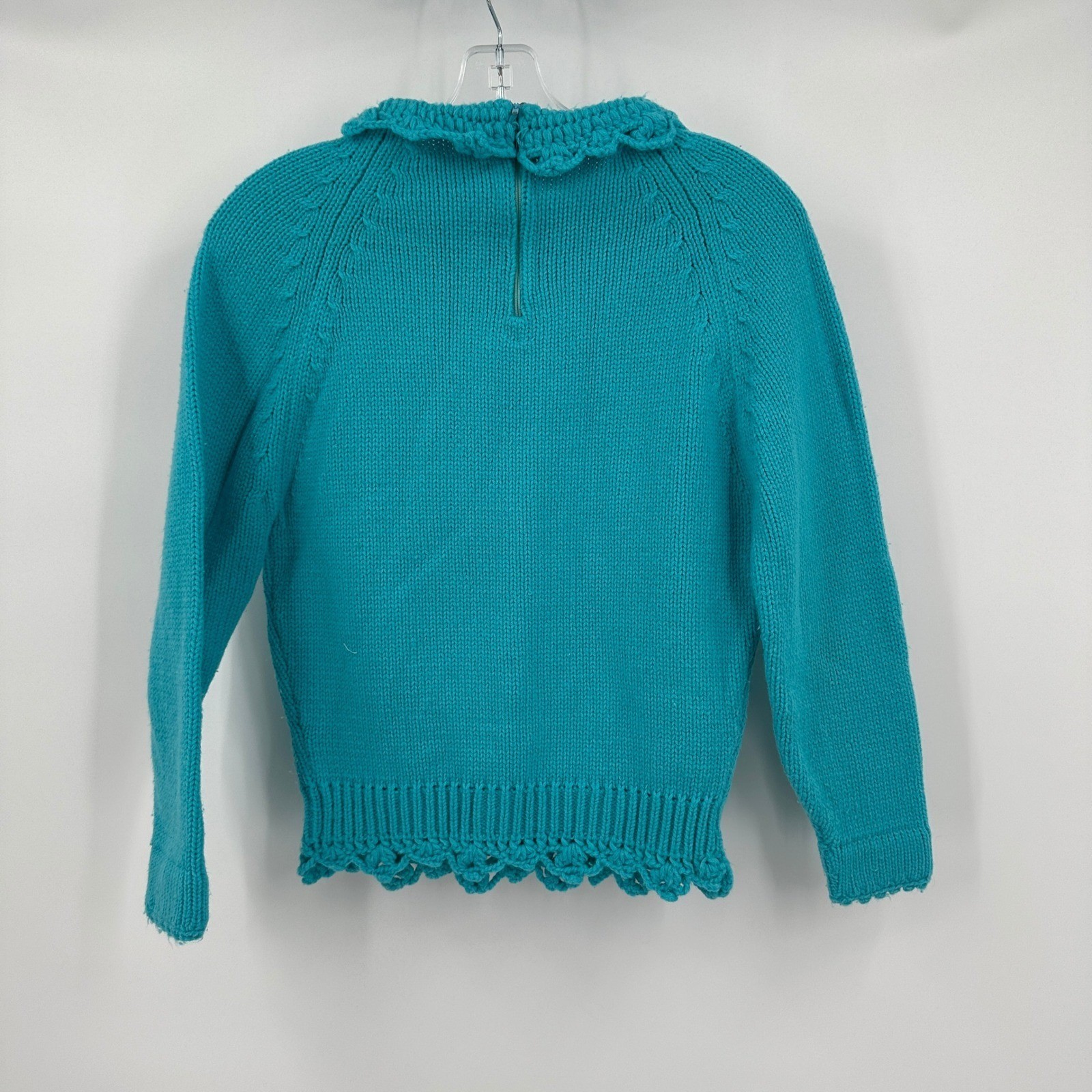 Vintage Women 60s MCM Turquoise Scalloped Knit Sweater Sz M Feminine Rockabillly