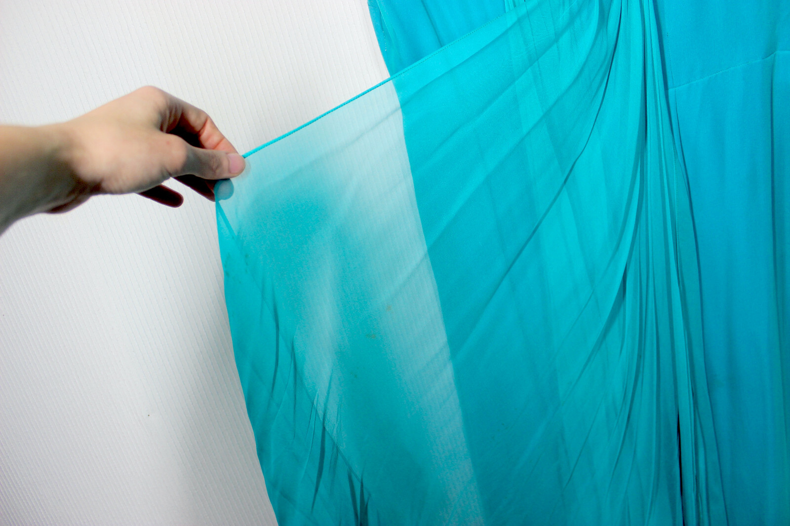 Vtg 50s Ocean Blue Silk Crepe Dress L Cameo Cowl Neck Pearl Beading Pinup Rare