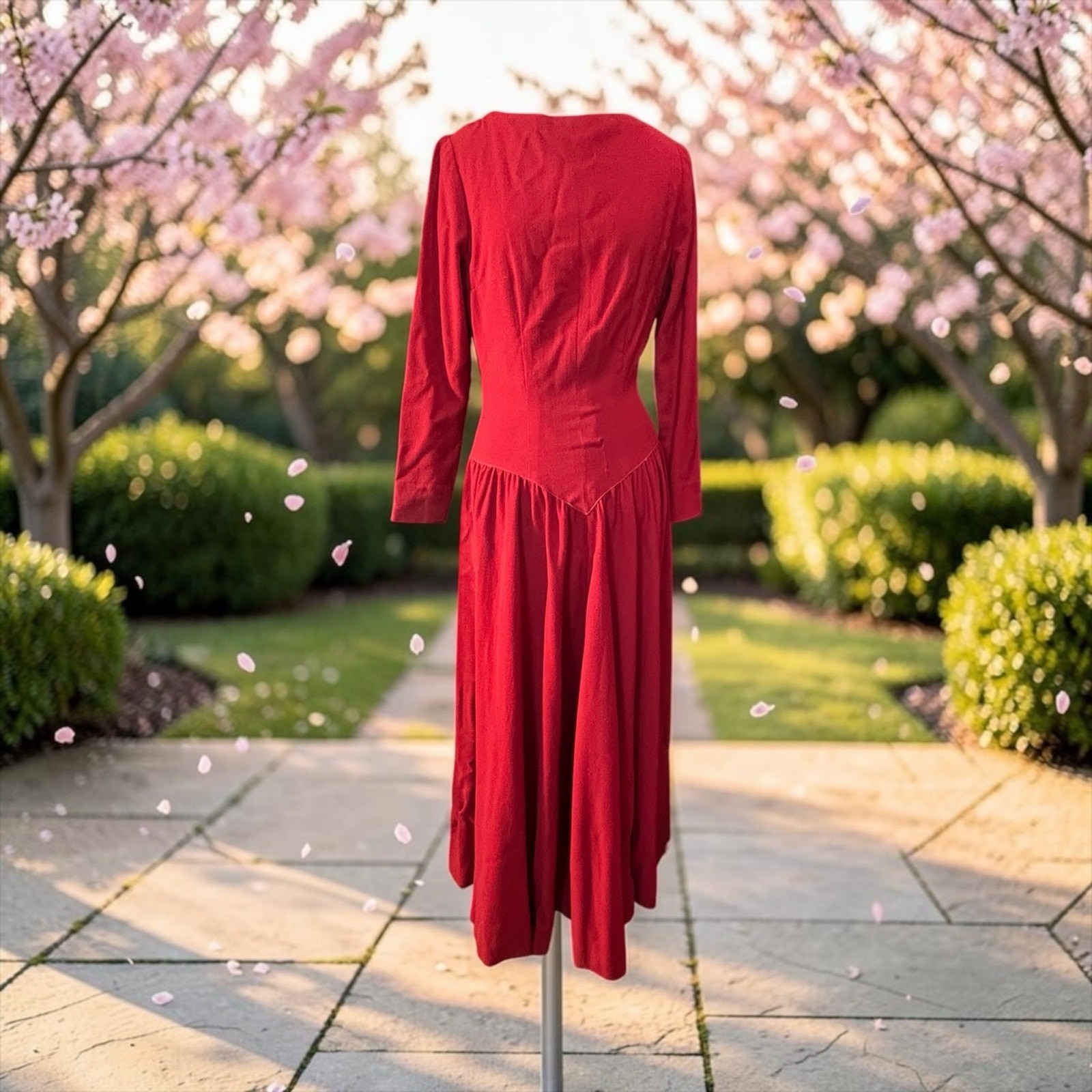 40s Red Wool Siren Dress Pointed Waist Dramatic Old Hollywood Mended 38 Bust