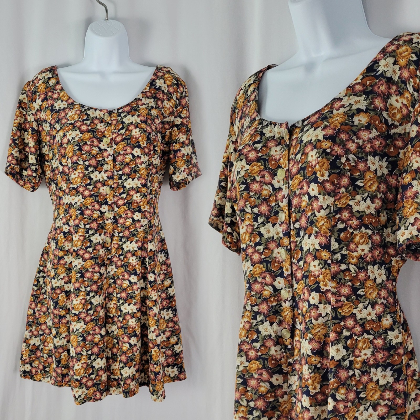 Vintage Express Blue/Brown/Wine/Tan Floral S/S Shorts Romper Size Small