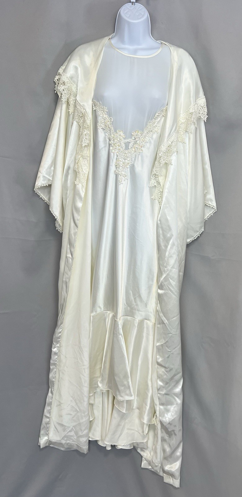VTG Jessica Lynn Collection Women Set Robe Night Gown Satin L Ivory Chiffon Y2K