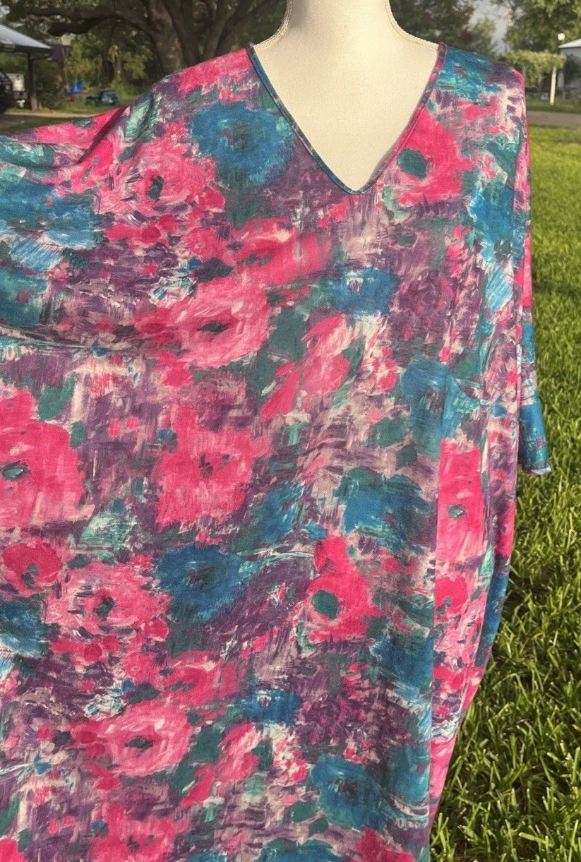 Caftan Lounge Dress Batwing Floral Plus Size Pink Blue Made USA Vintage
