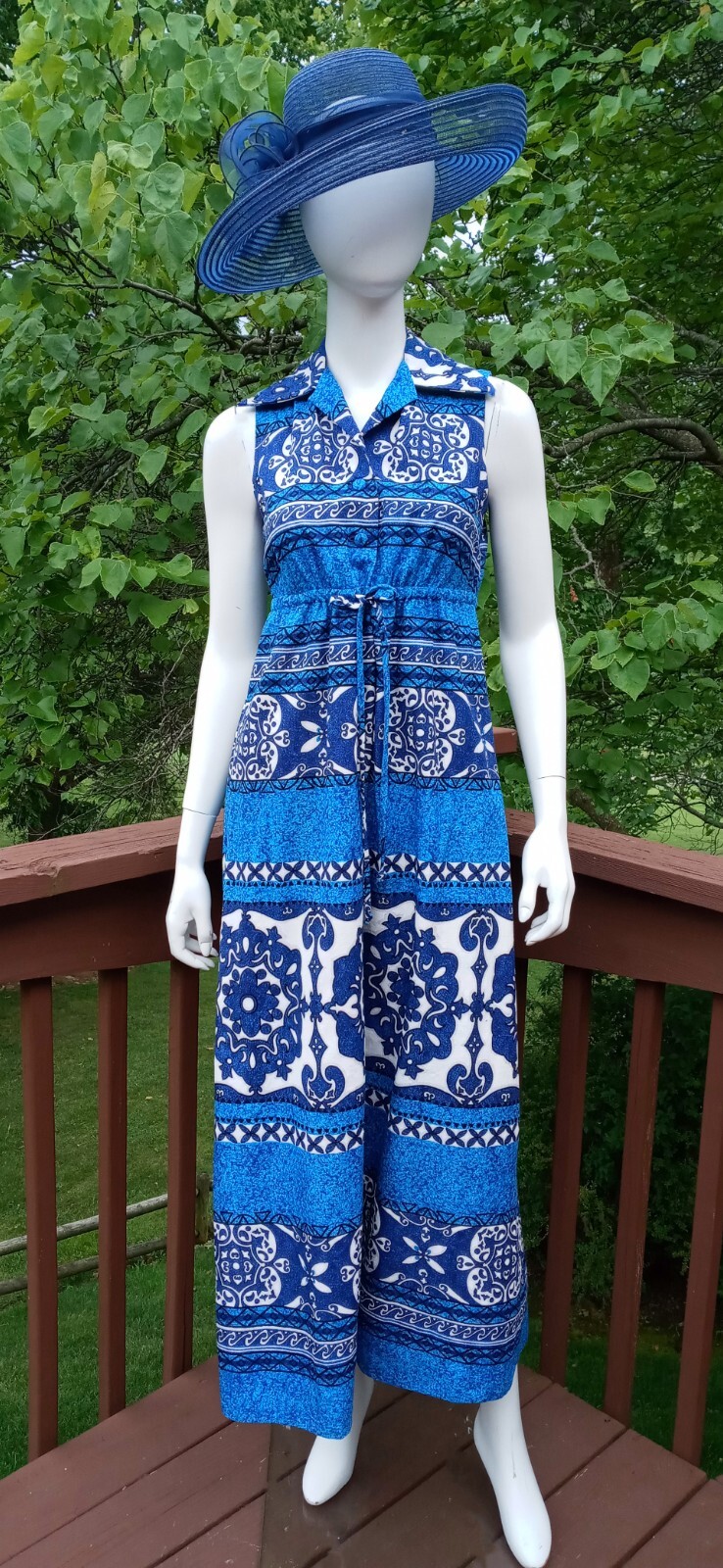 Penneys Hawaii VTG Small Barkcloth Maxi Dress Blue Tropical Sleeveless Collared