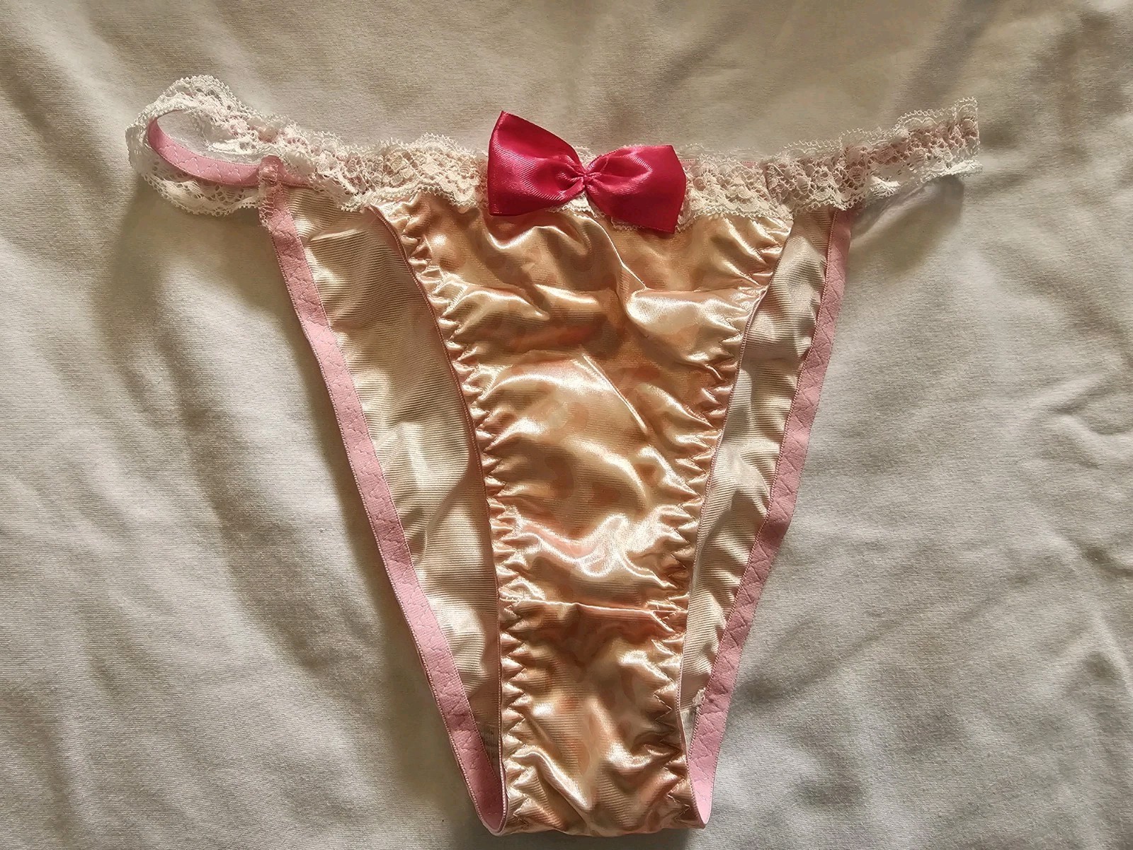 Vintage Girly Glossy Satin String Bikini Light Pink Panties. Size Large