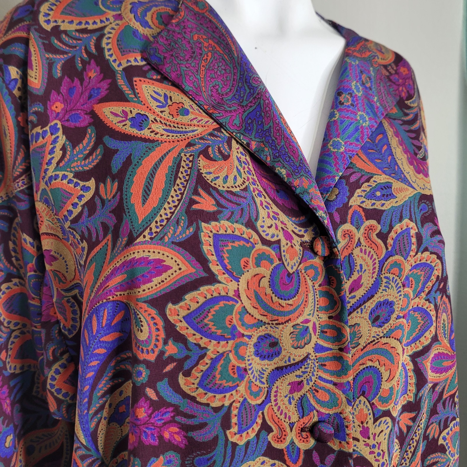 Willi of California M,L blouse shoulder pads paisley flower colorful tie button