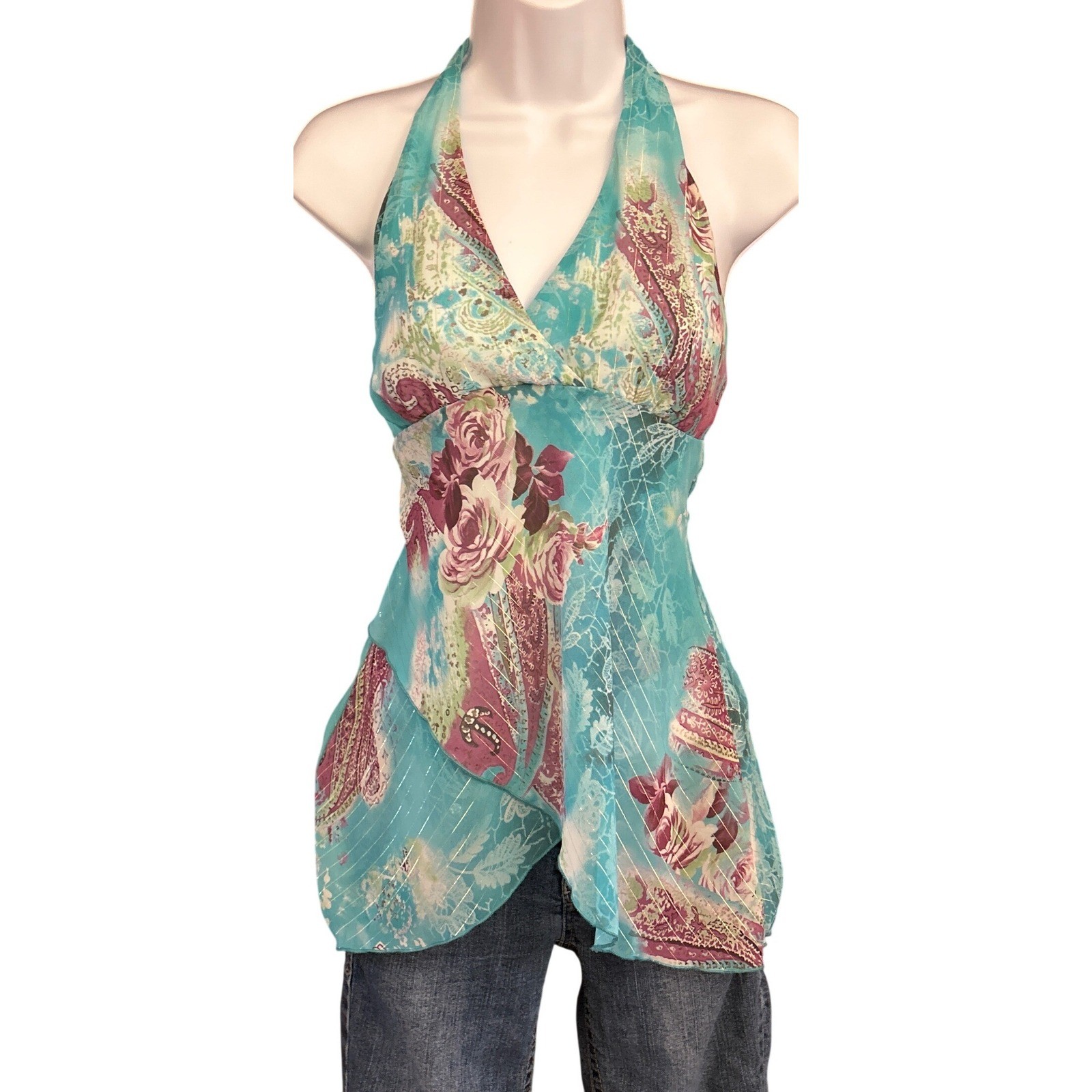Vintage Byer California Halter Top Y2K Boho Fairycore Paisley Teal Gold Shimmer