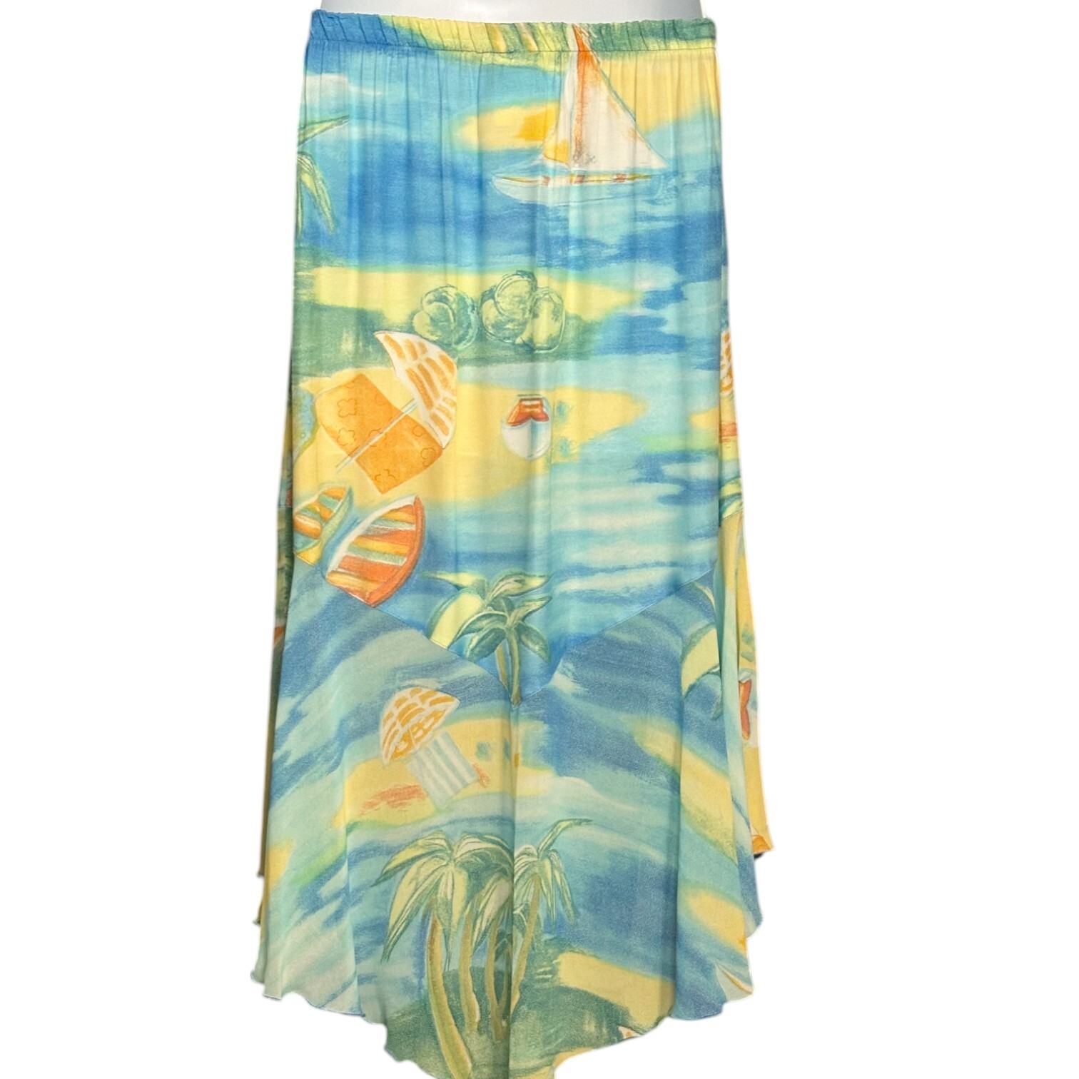 Vintage 90s Aloha Rayon Skirt Set Beach Scenic Print Outfit Cruise USA Size L