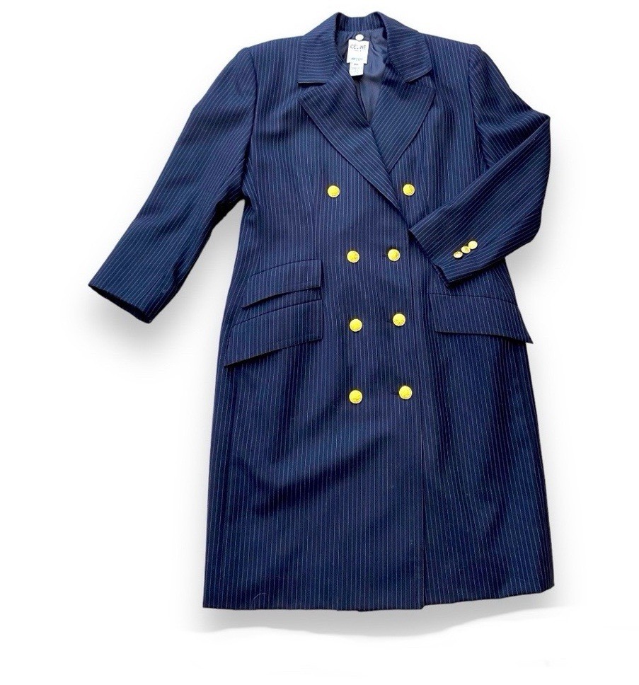 Vintage Celine Wool Pinstripe Double Breasted Coat Dress Removable Collar