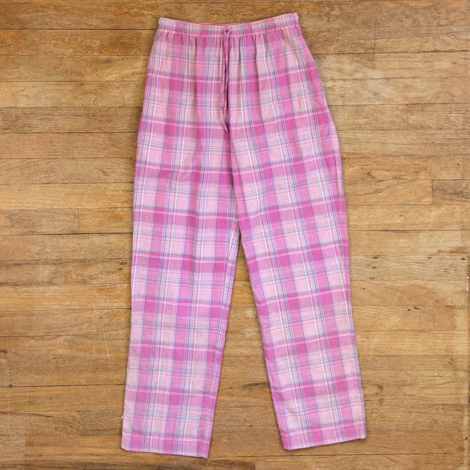 Vintage Pink Plaid Cotton Pants Size XS/Small 24-27″ Elastic High Waist 90s Lig