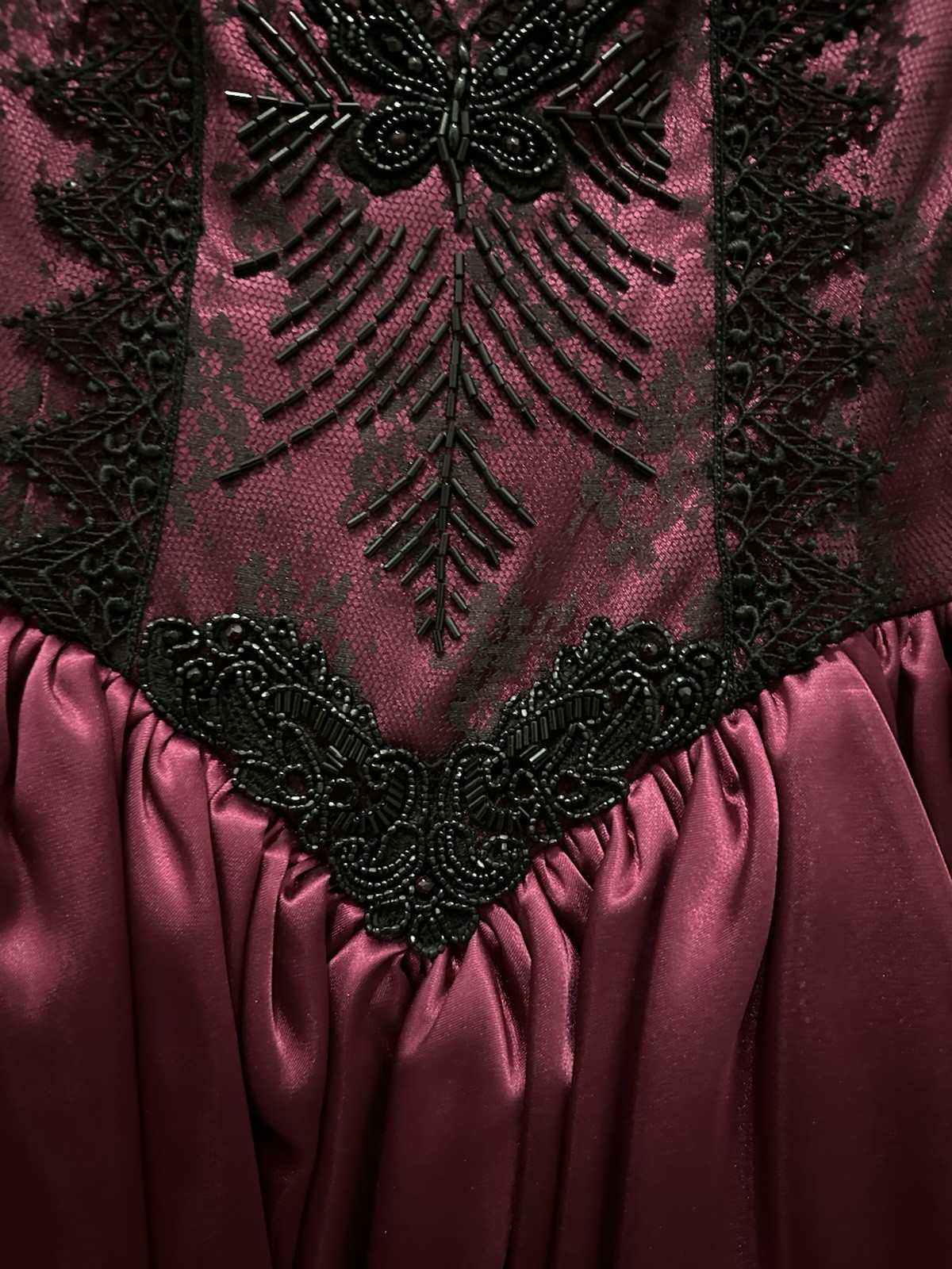 Gorgeous Vintage Burgundy & Black Evening Gown W/Hand Sewn Beading/Corset bodice
