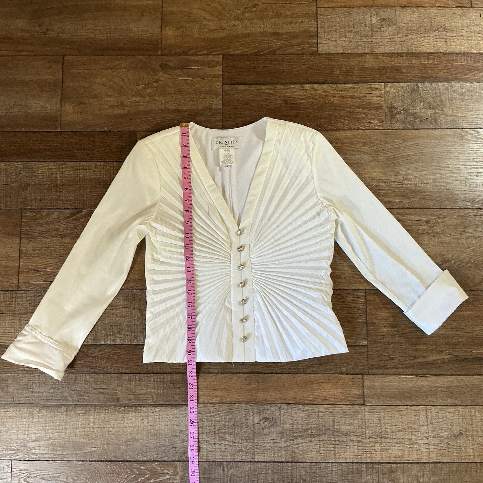 VINTAGE Size 8 – JR Nites Pleated White Blouse Rhinestone Buttons USA Made 34708