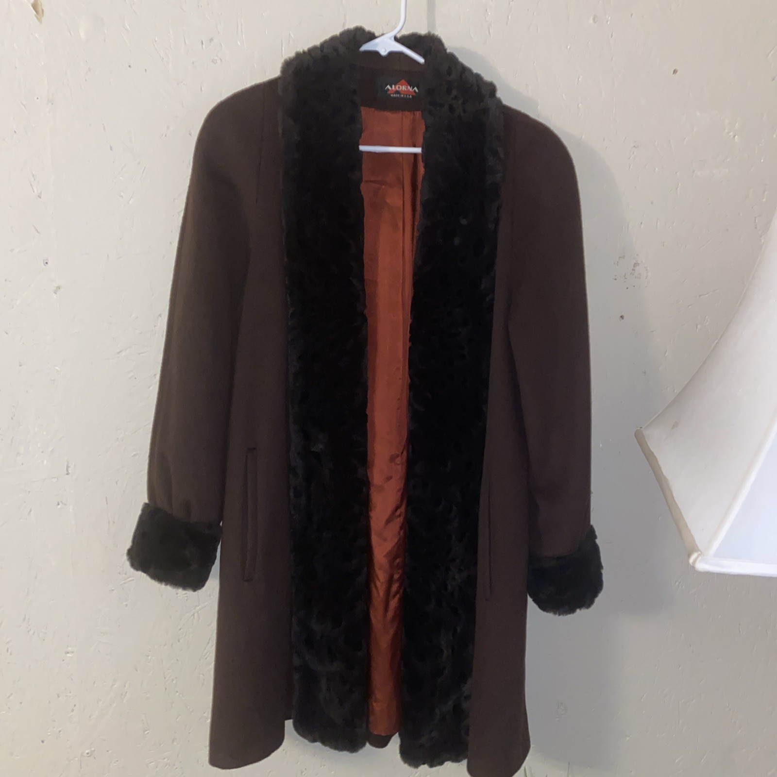 Alorna Brown Wool Coat with Black Faux Fur Trim, Vintage,75% Wool