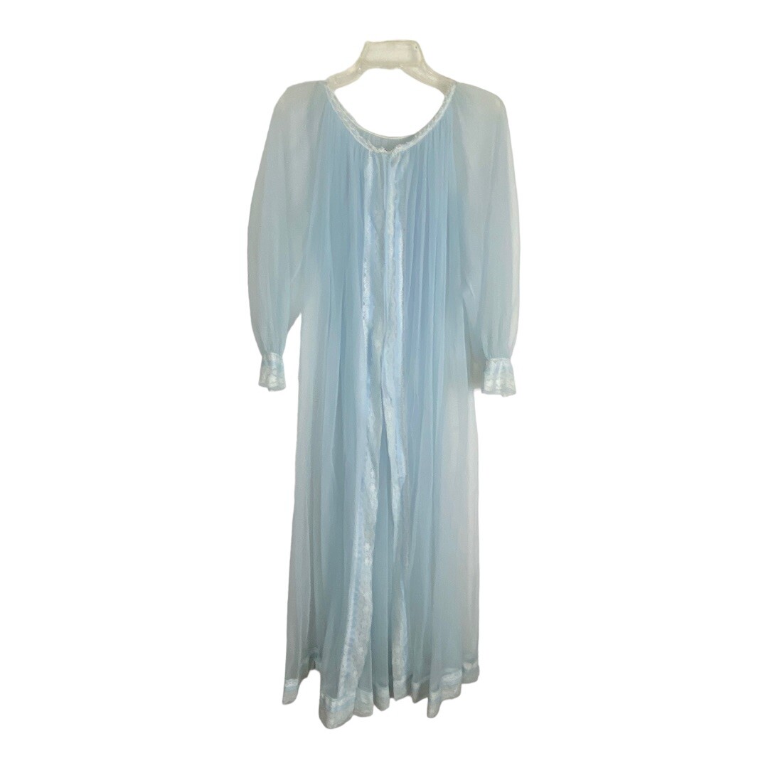 Bliss Elaine Womens Robe Size Large Blue Open Front with Tie Lace Sheer Vintage