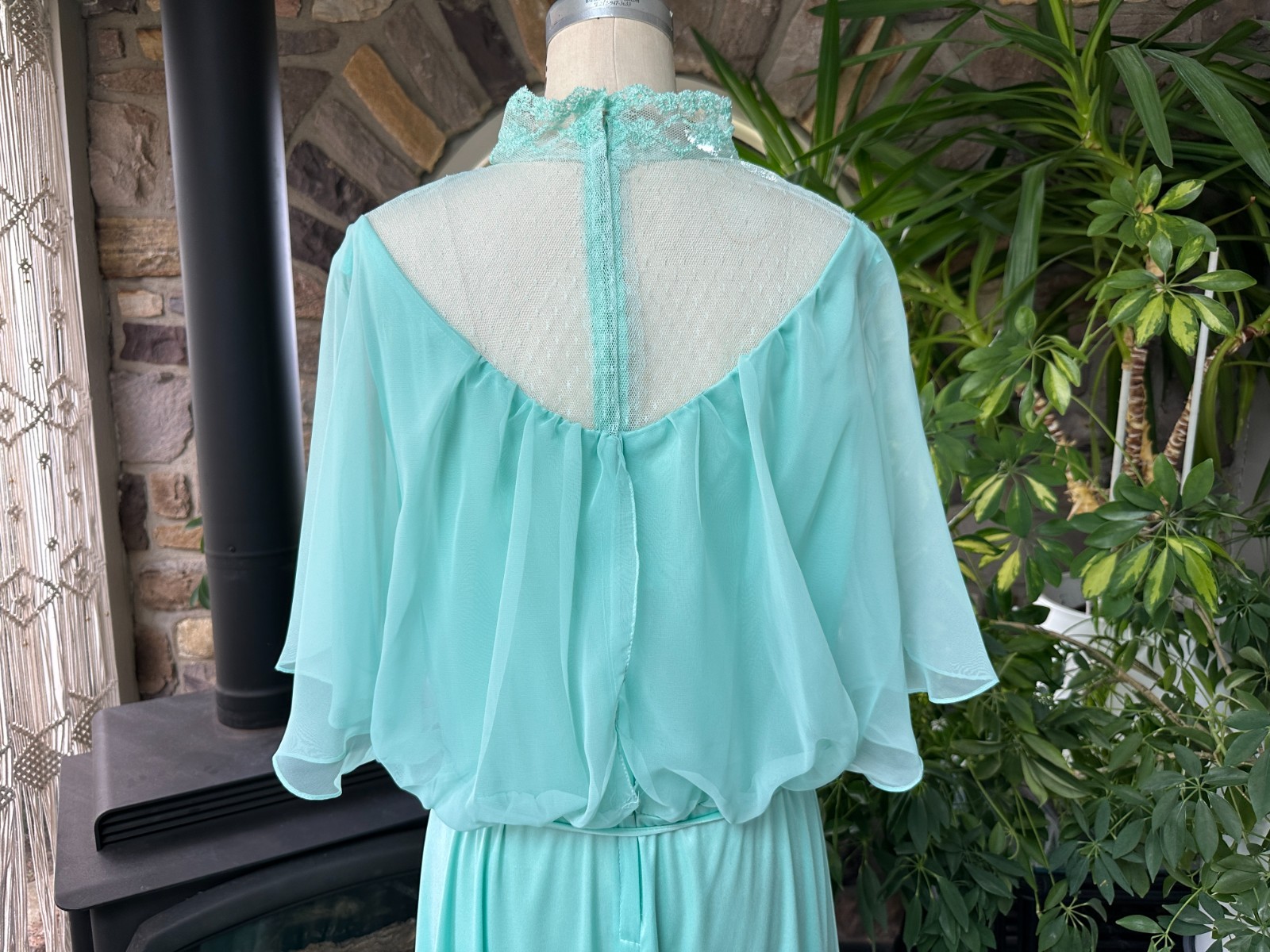 Vintage 1970s Light Green Knit and Chiffon Lace Maxi Dress