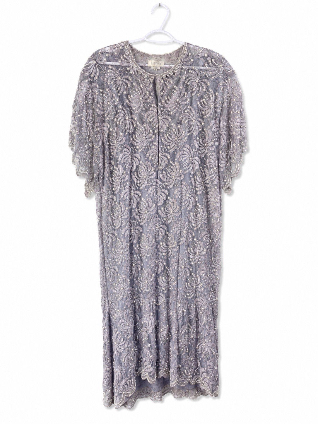Vintage L Magnin Lavender Silver Beaded Pearl Sequin Lace Cocktail Dress L