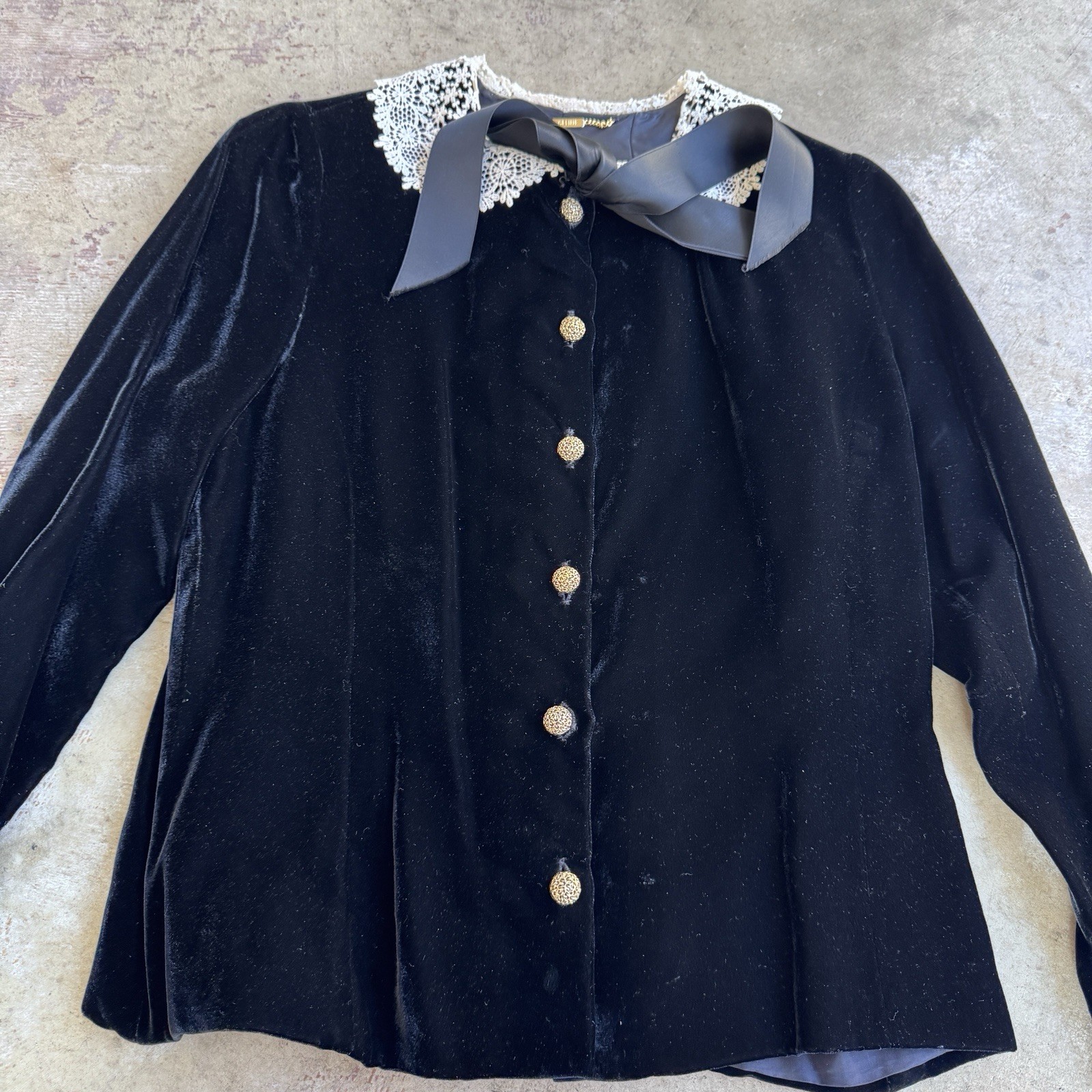 Vtg 80s Celine Velvet Blouse Lace Peter Pan Collar Jacket Tie Ribbon Silk Paris