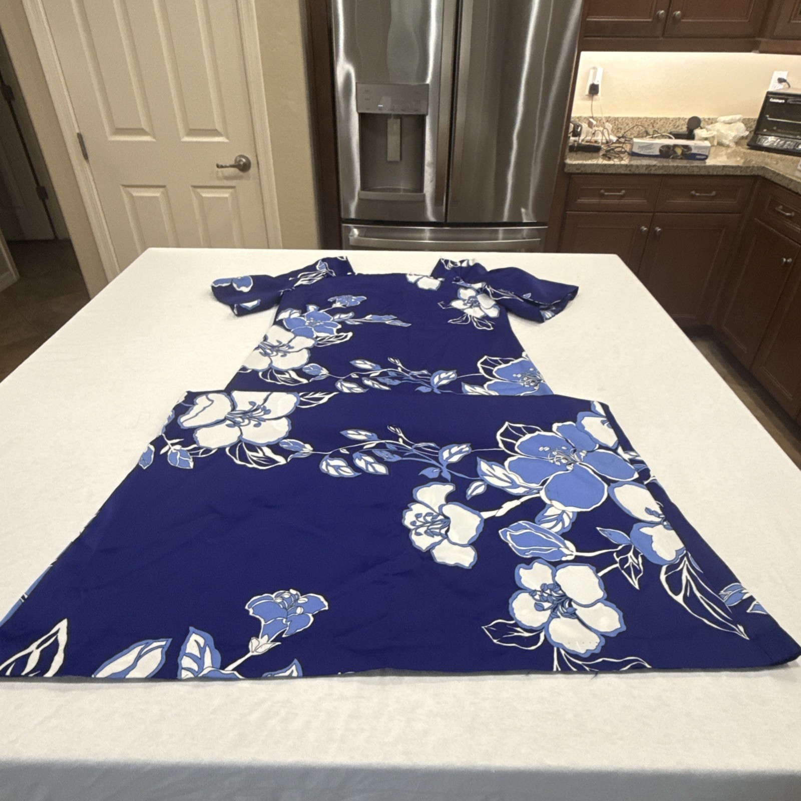 Vintage Royal Palm Made in Hawaii Blue Orchid & White Womens Muumuu Dress M/L