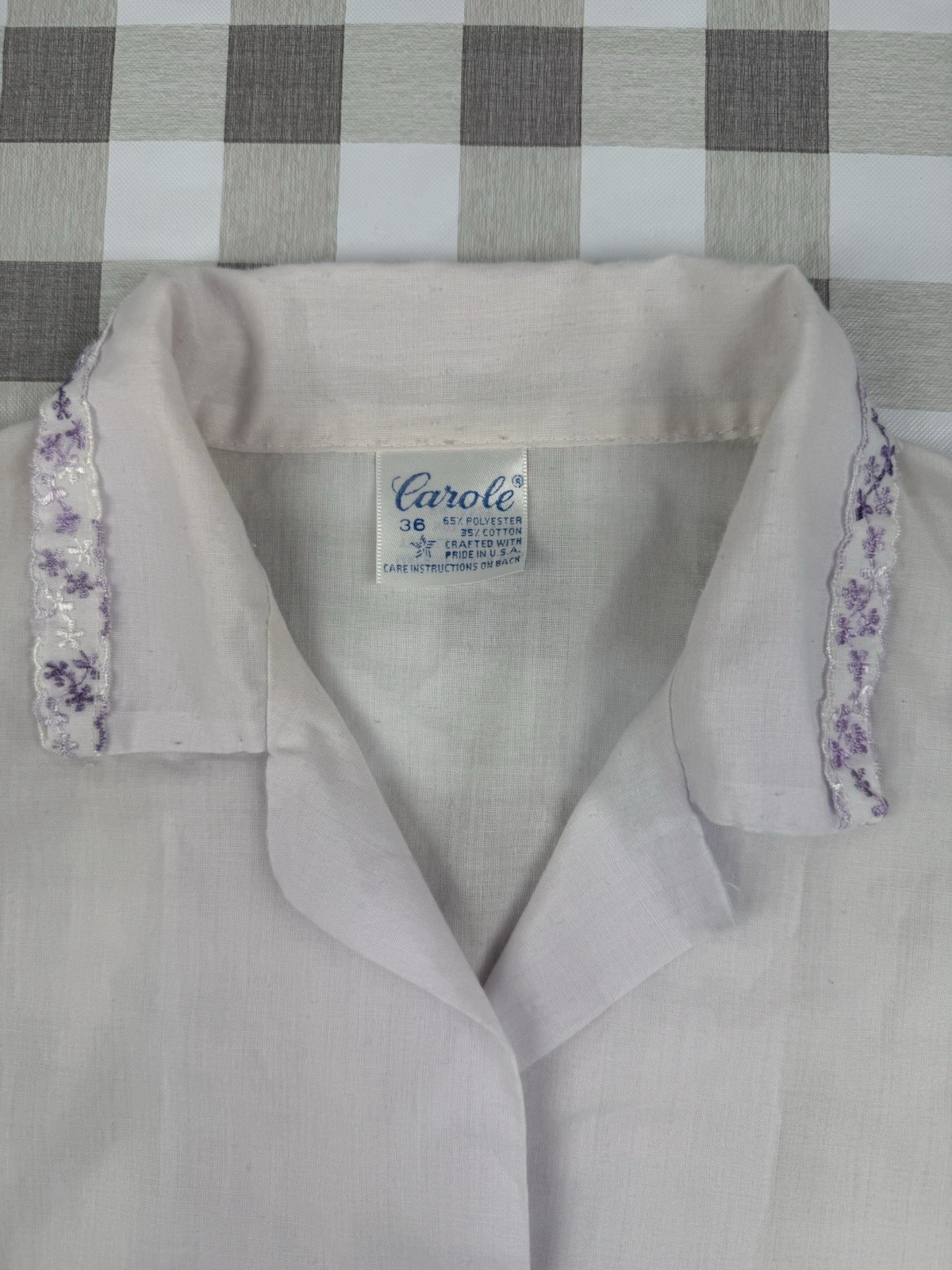 Vintage White Button Up Blouse Lavender Trim Cottagecore USA 36