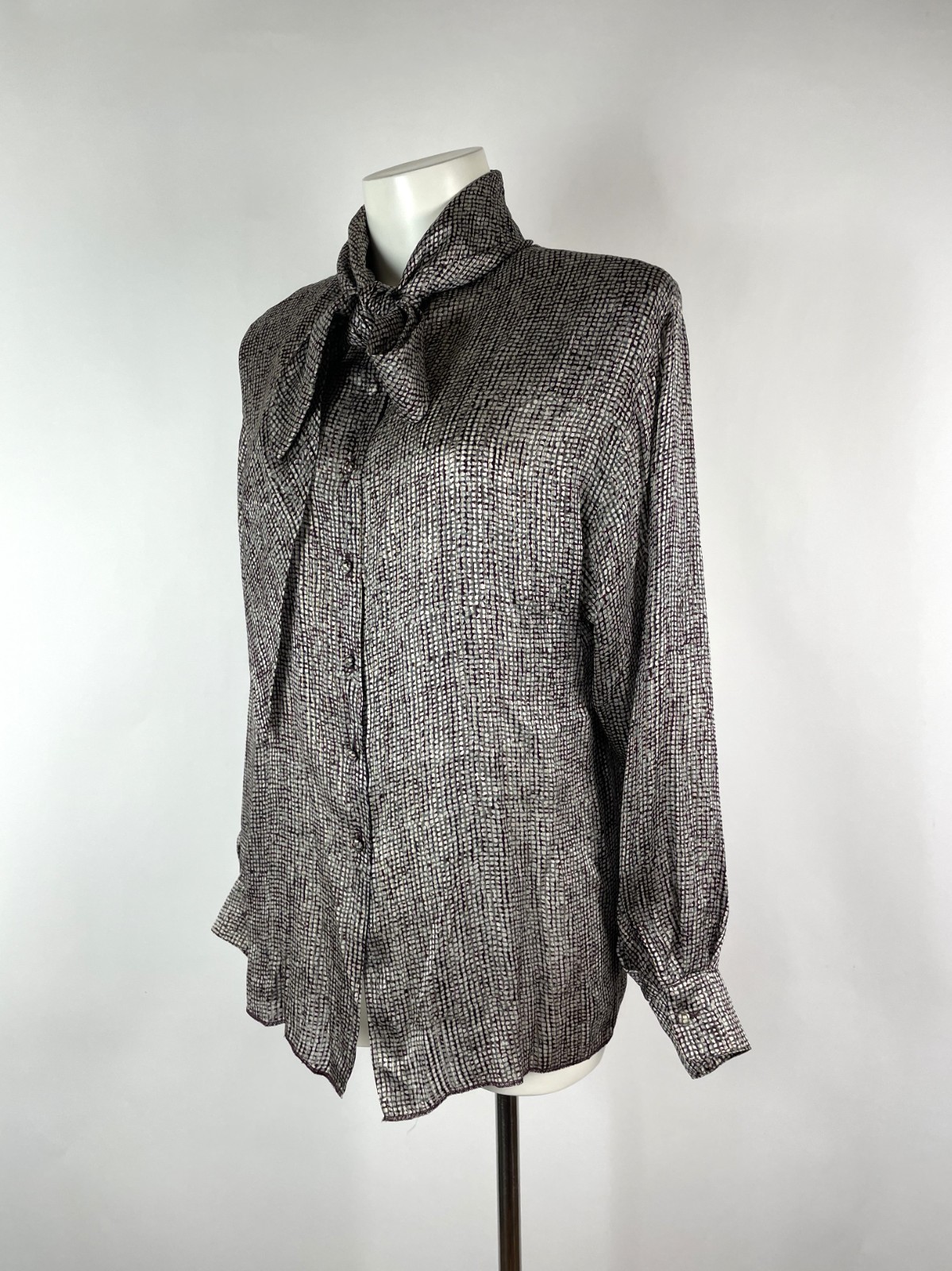 St. John Vintage Gold Metallic Burgundy Neck Tie Blouse 8