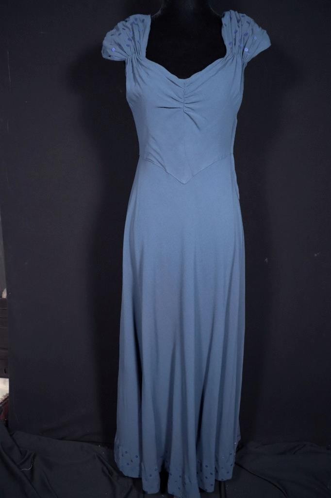 Vintage 1940’s French Midnight Blue Rayon Crepe Gown & Matching Sequins Size 6+