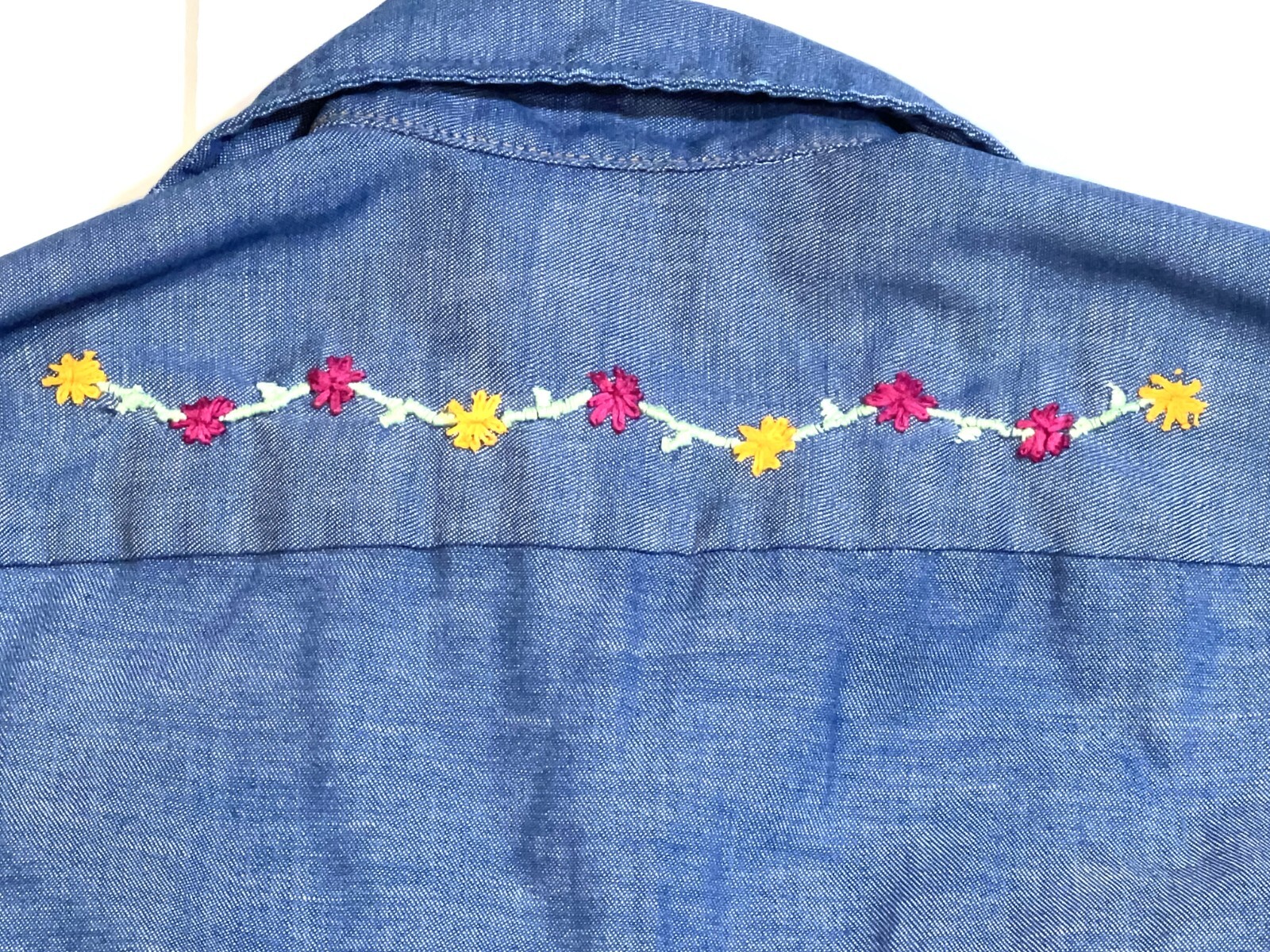 Wrangler VTG 70s Chambray Selvedge Denim Jean Embroidered Shirt Top XS/S/M