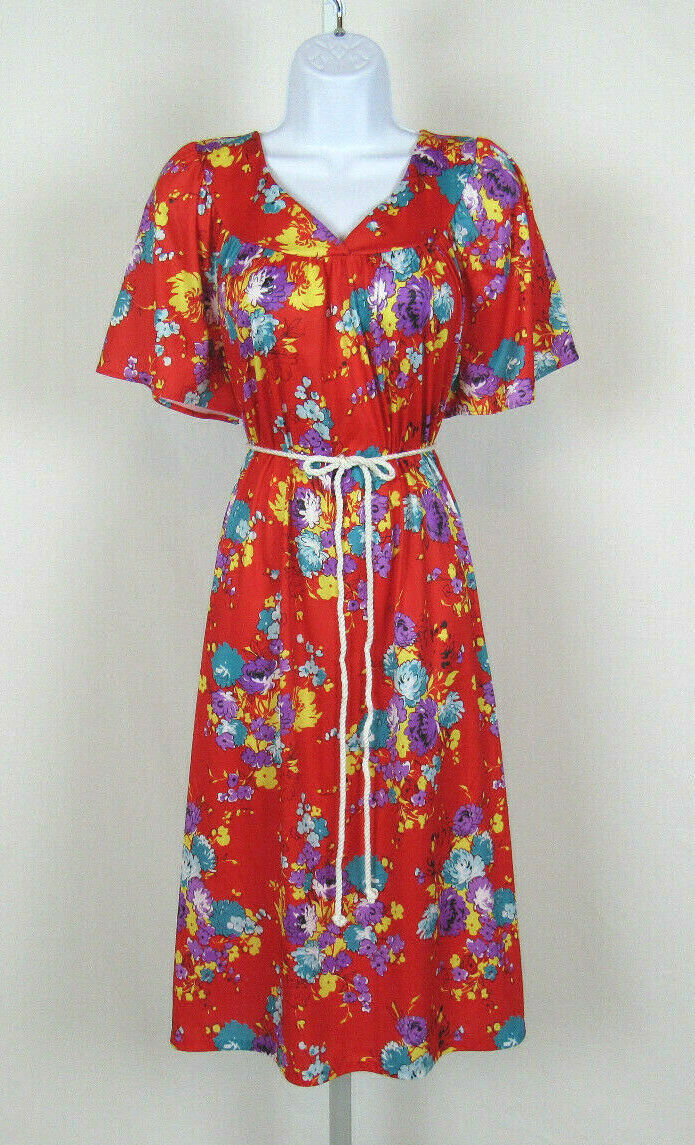 VTG 1990s 2000s ANTHONY RICHARDS RED FLORAL DRESS SIZE 1X POLY ROPE BELT