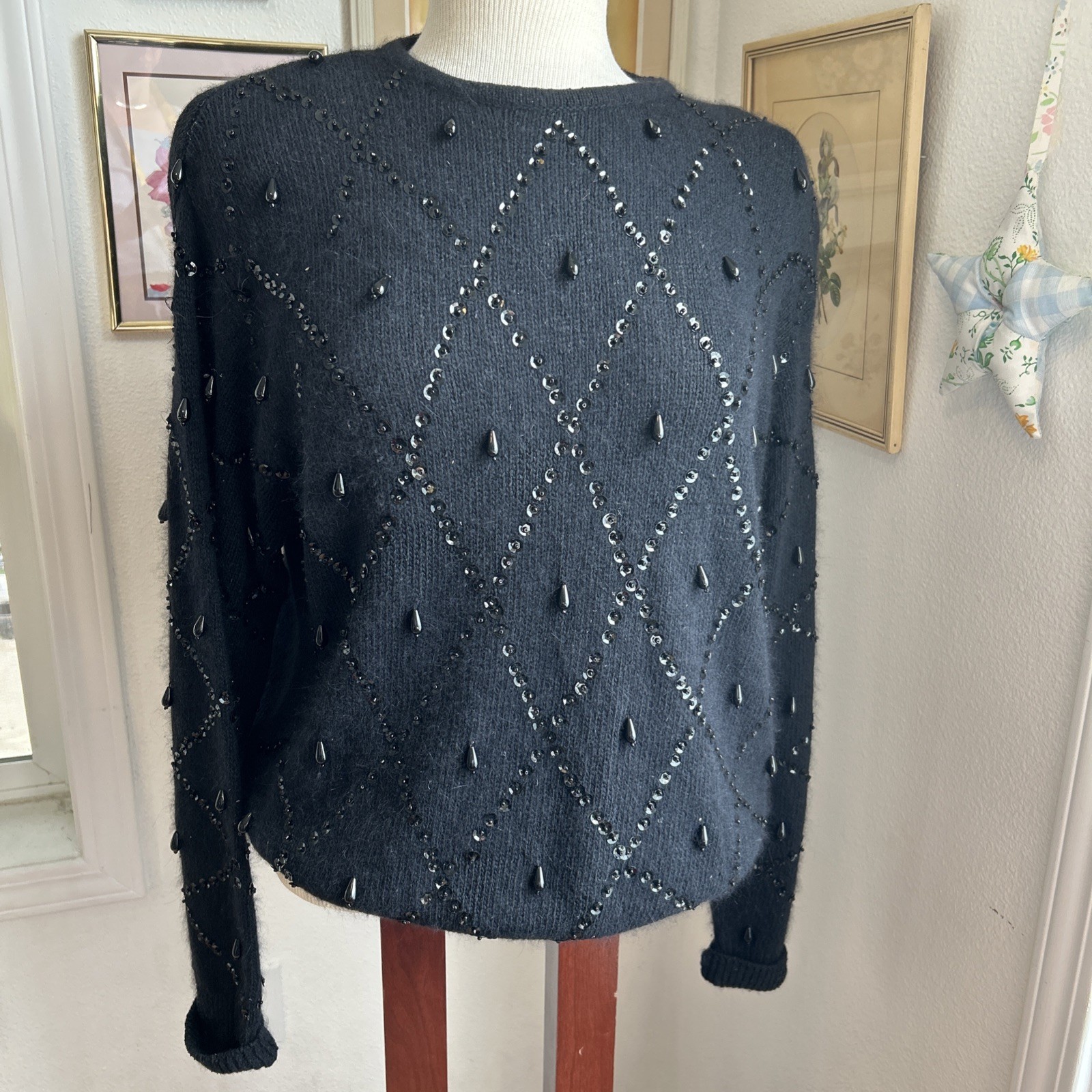 Karen Scott, Embellished Sweater Size L, Silk Blend Beaded Holiday Witchy